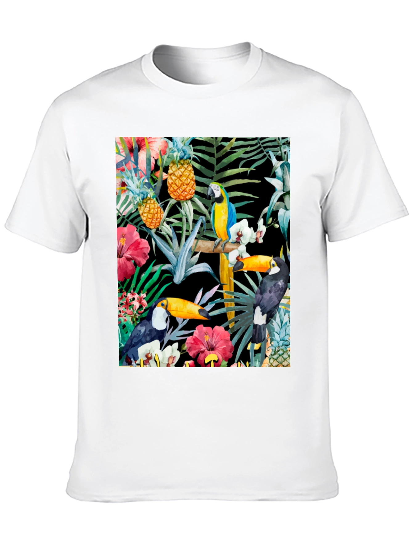 Tropical Toucan & Parrot Print Black T-Shirt