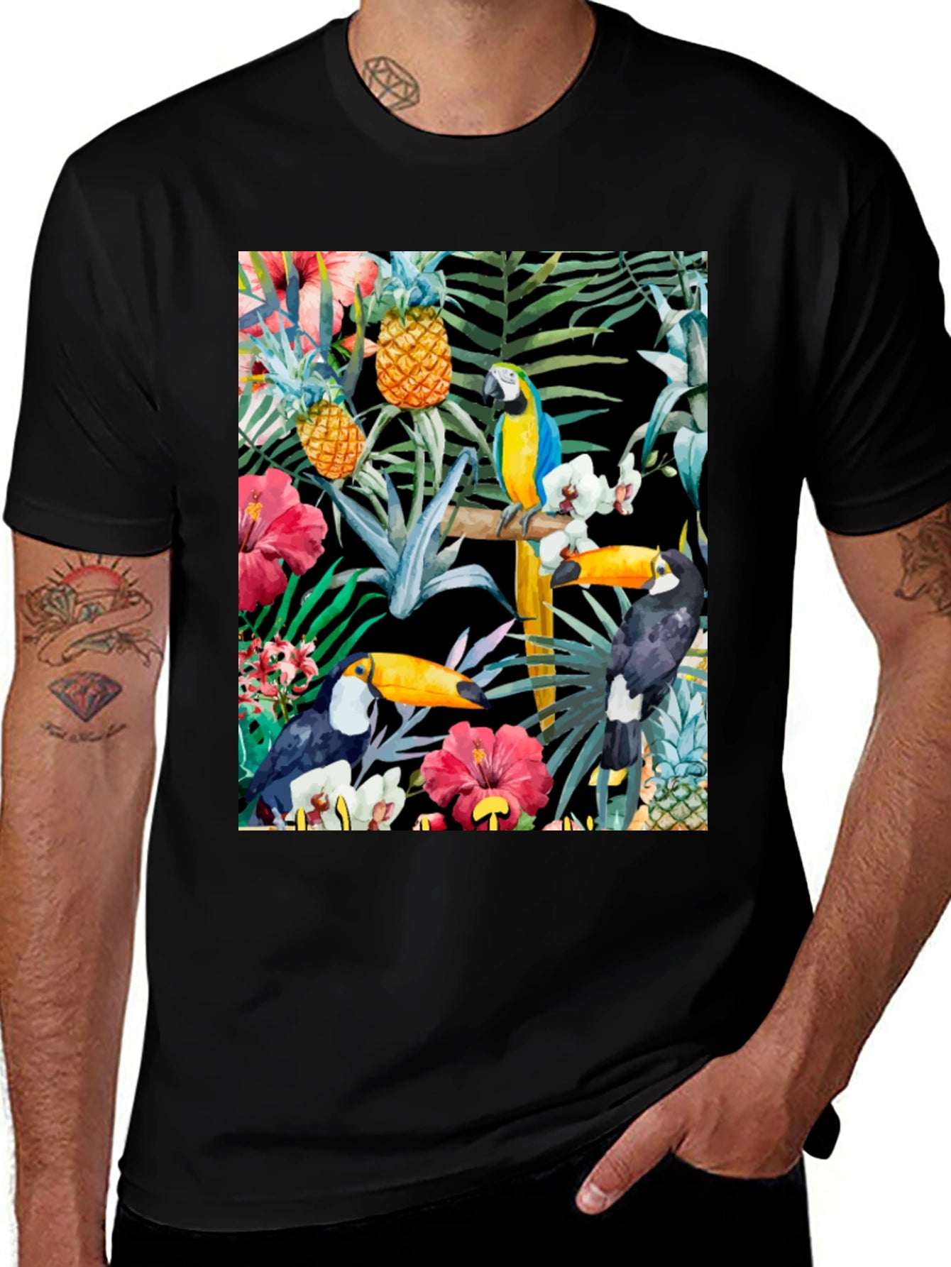 Tropical Toucan & Parrot Print Black T-Shirt