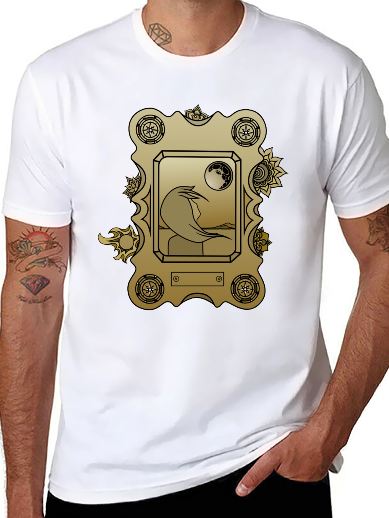 Golden Framed Woman & Moon Black Tee