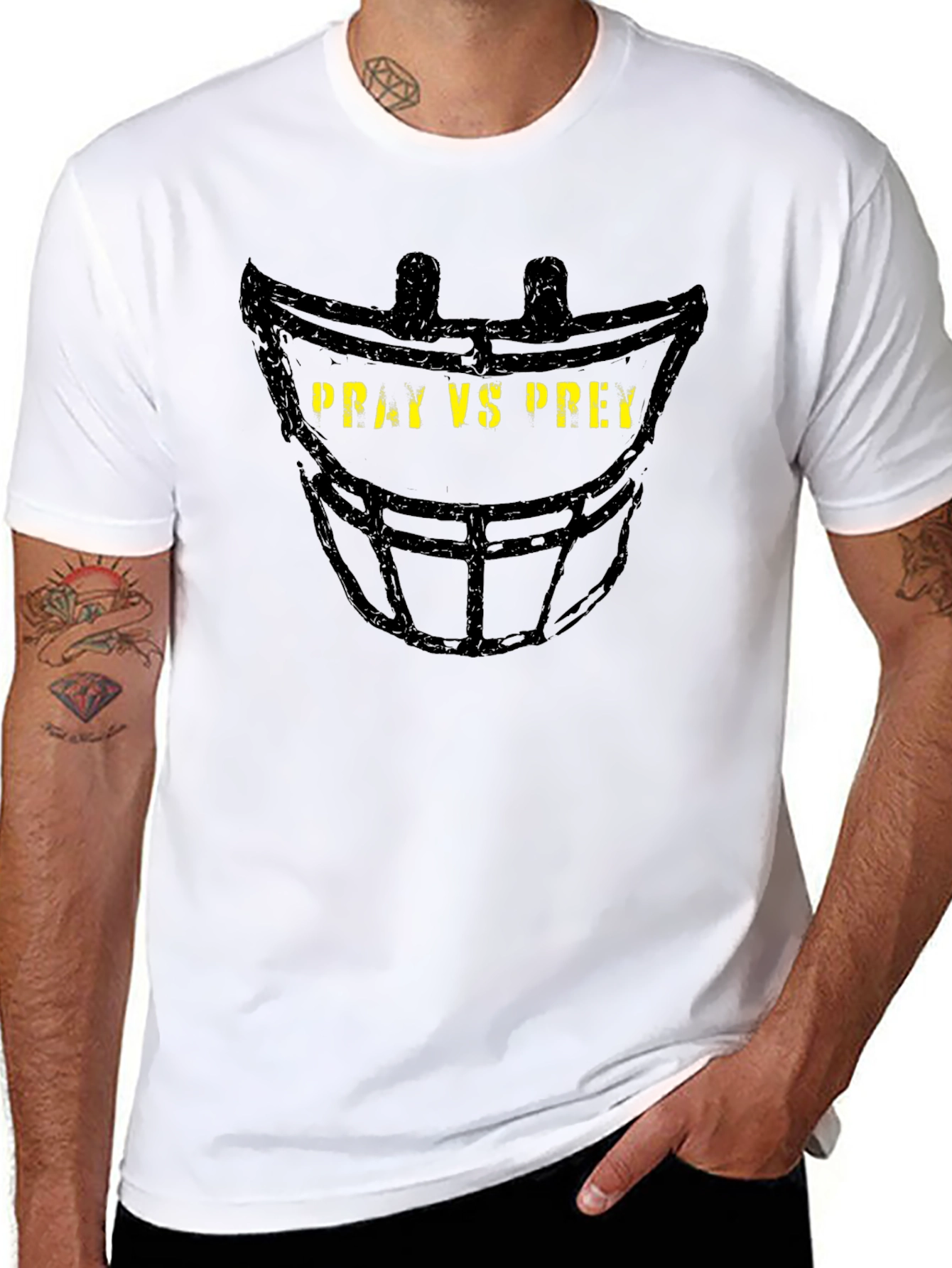 Pray vs Prey Football Helmet Graphic T-Shirt
