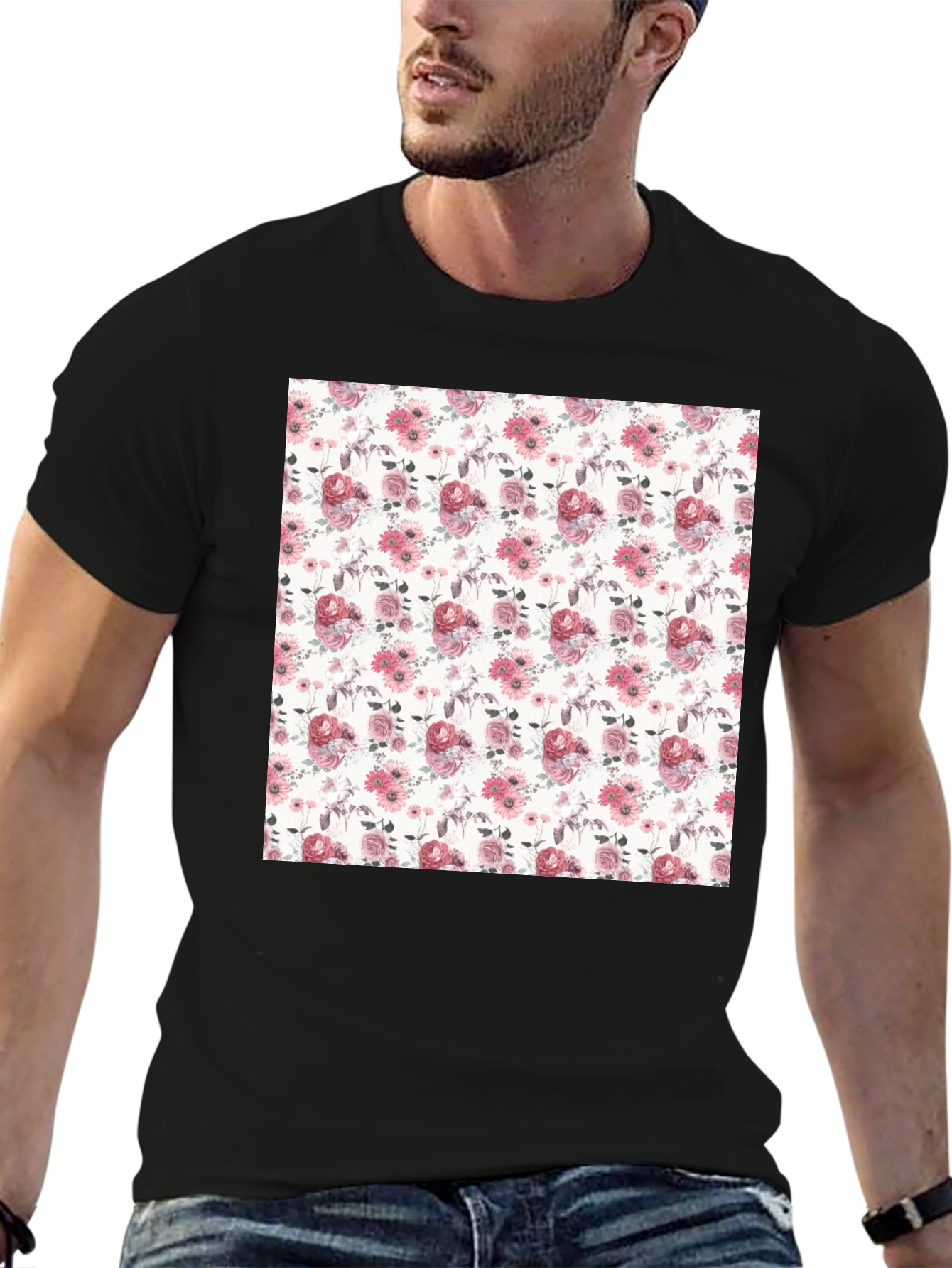 Floral Pattern Black T-Shirt