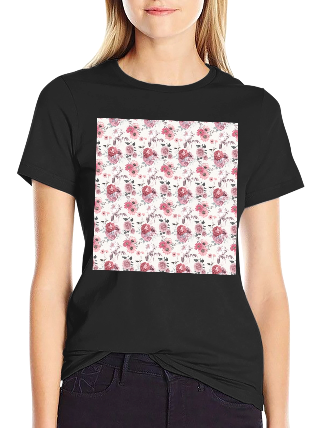 Floral Pattern Black T-Shirt