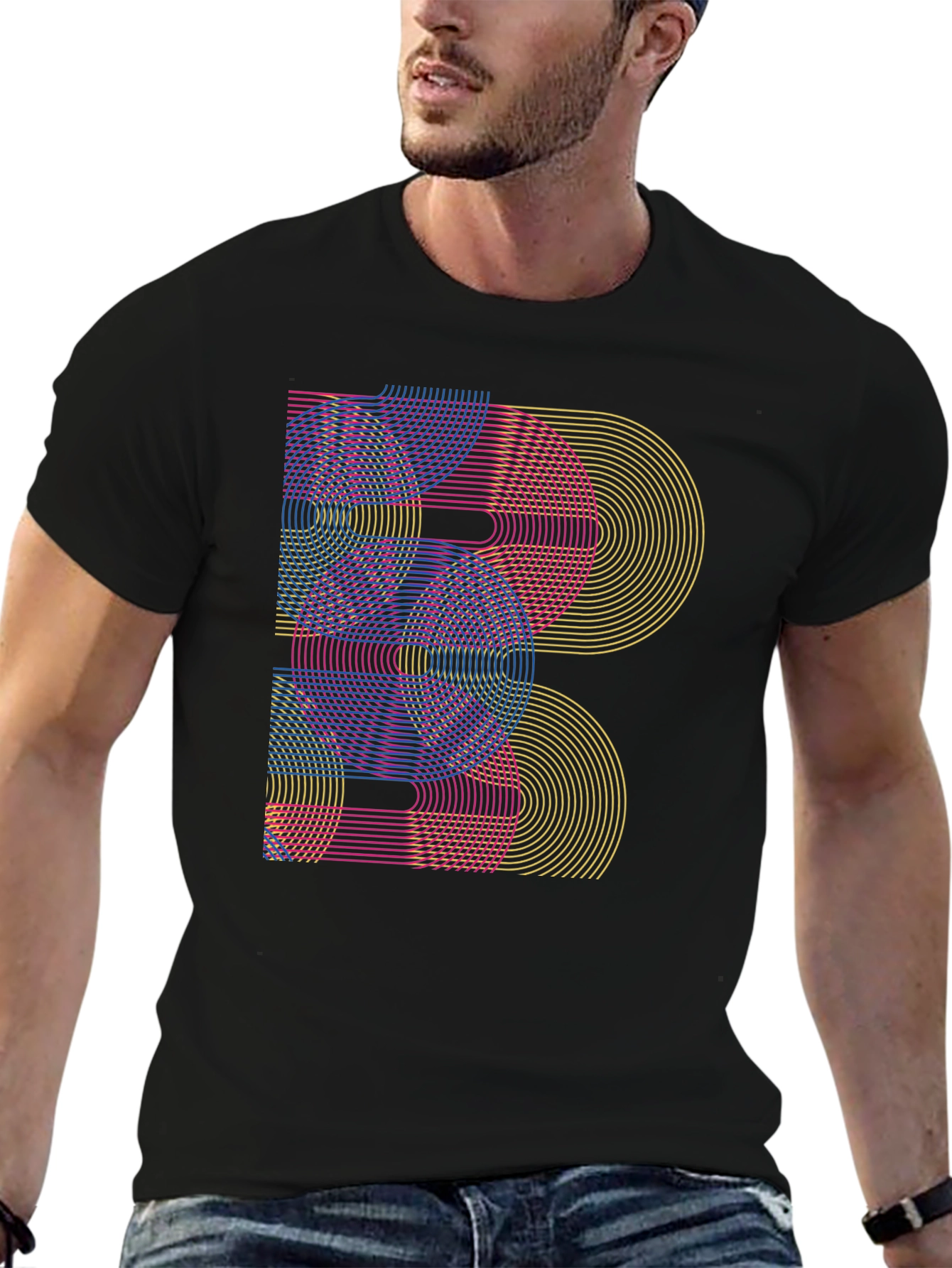 Geometric Rainbow Arc Design Black T-Shirt