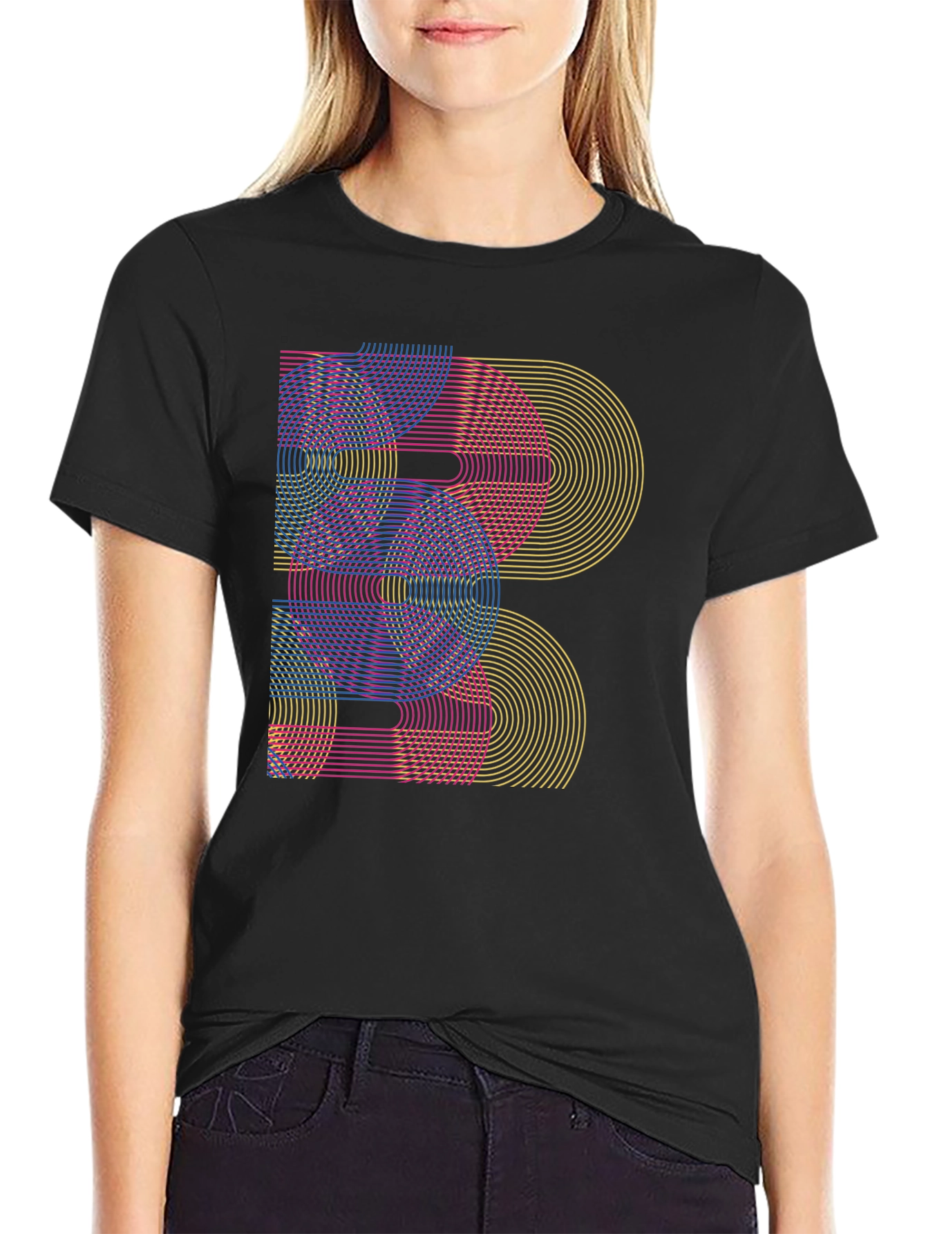 Geometric Rainbow Arc Design Black T-Shirt