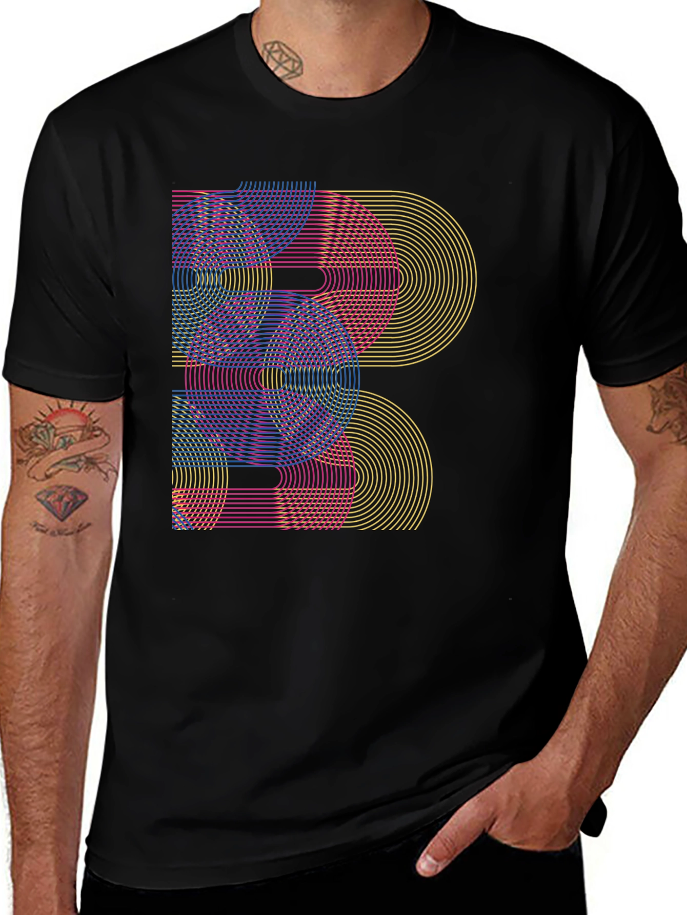 Geometric Rainbow Arc Design Black T-Shirt