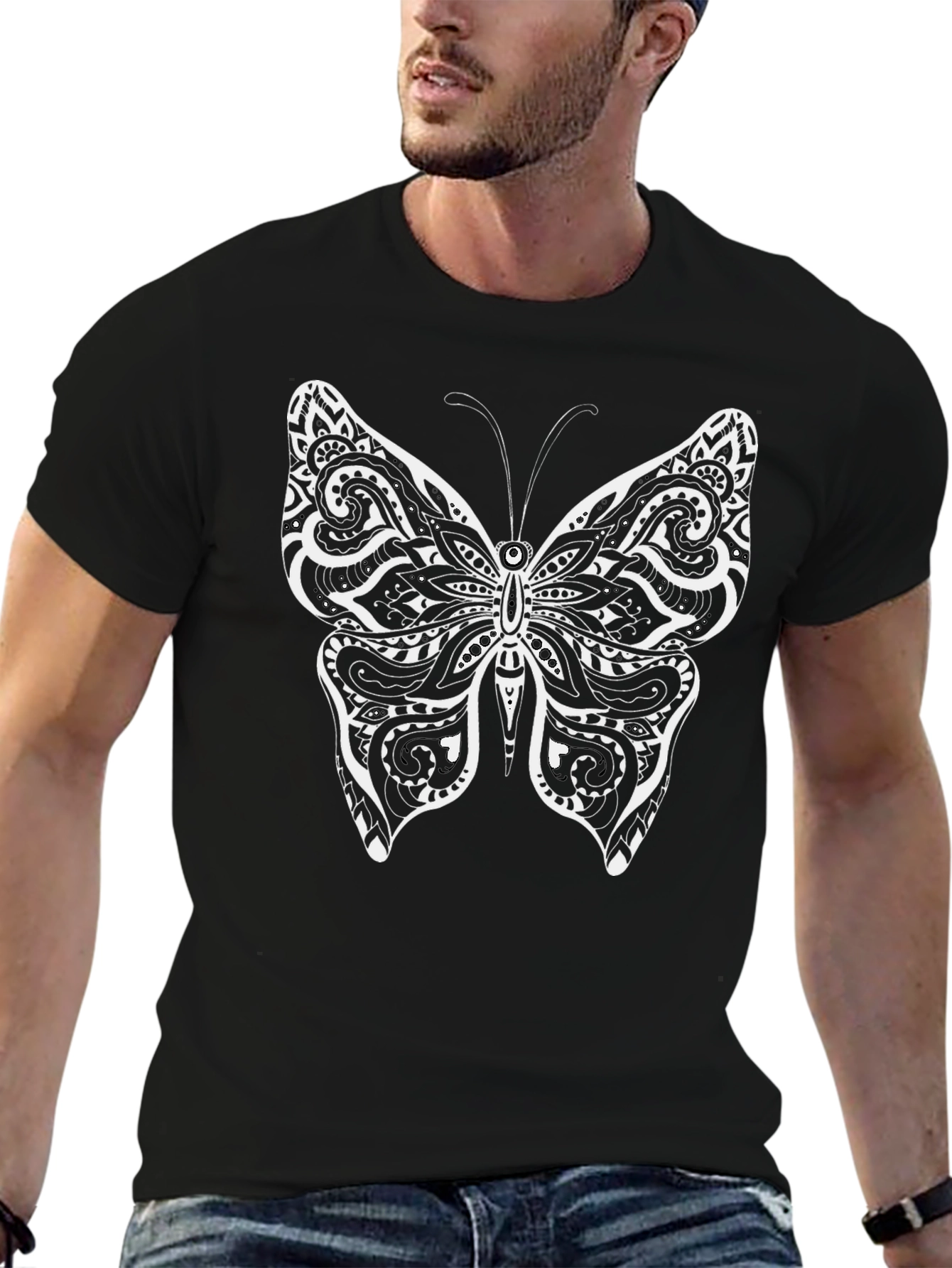 Tribal Butterfly Graphic Print Black T-Shirt