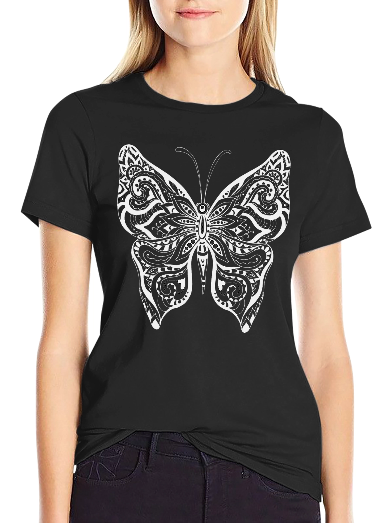Tribal Butterfly Graphic Print Black T-Shirt