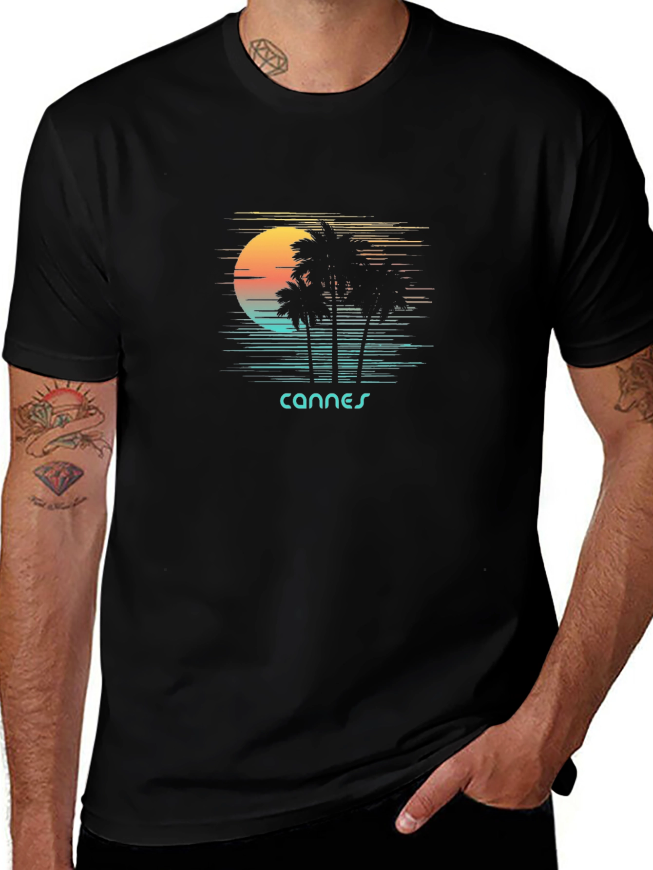 Retro Cannes Palm Tee - Black