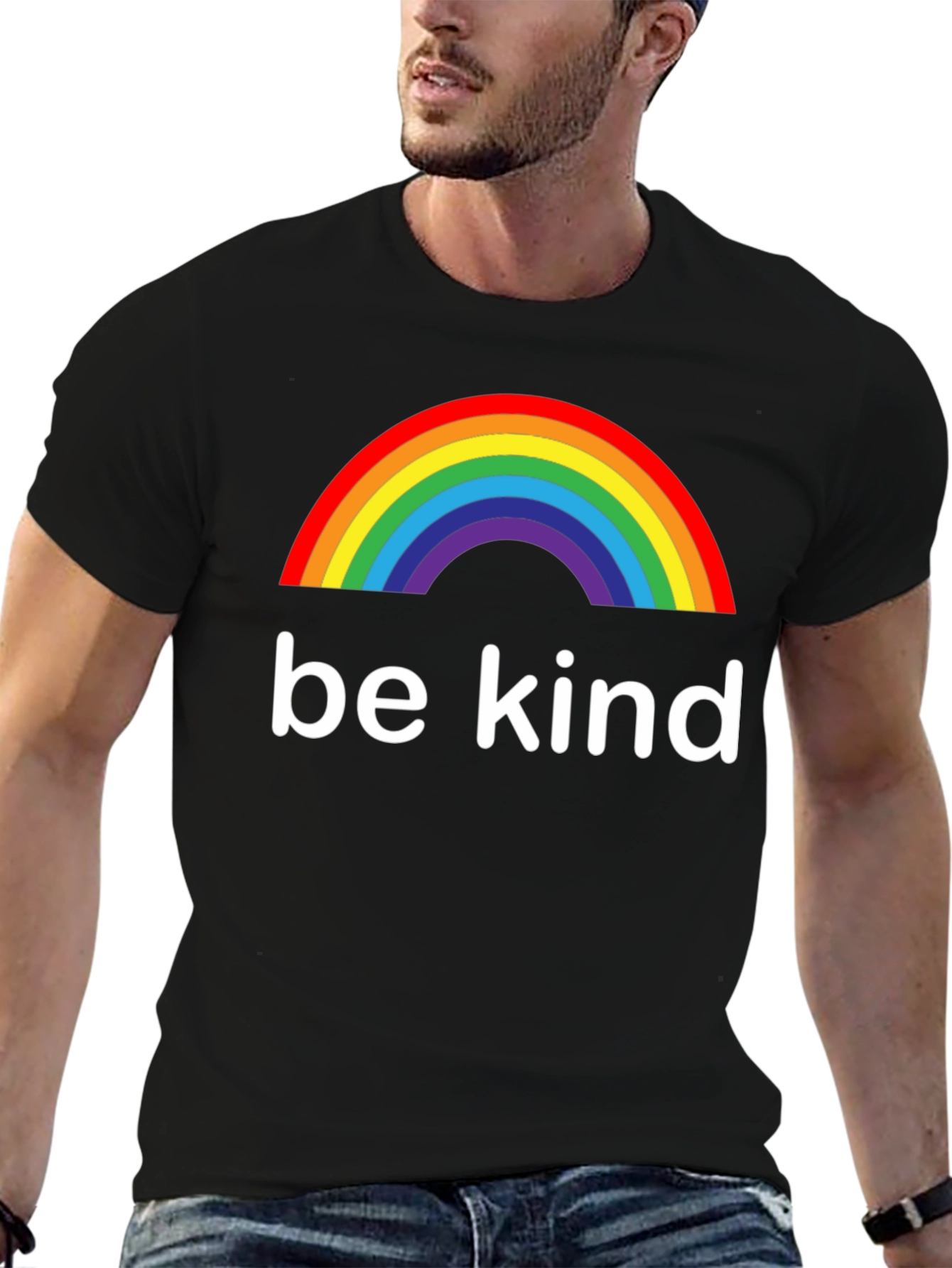 Be Kind Rainbow Graphic Tee - Black Cotton T-Shirt