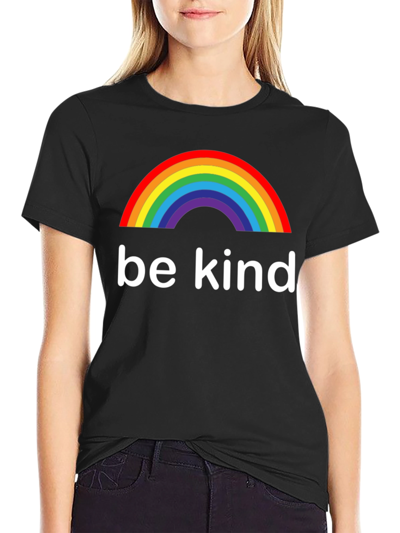 Be Kind Rainbow Graphic Tee - Black Cotton T-Shirt