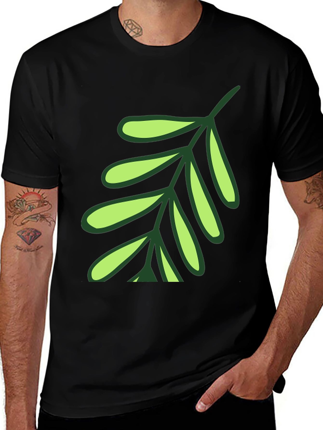 Leaf Design T-Shirt - Black Cotton Blend