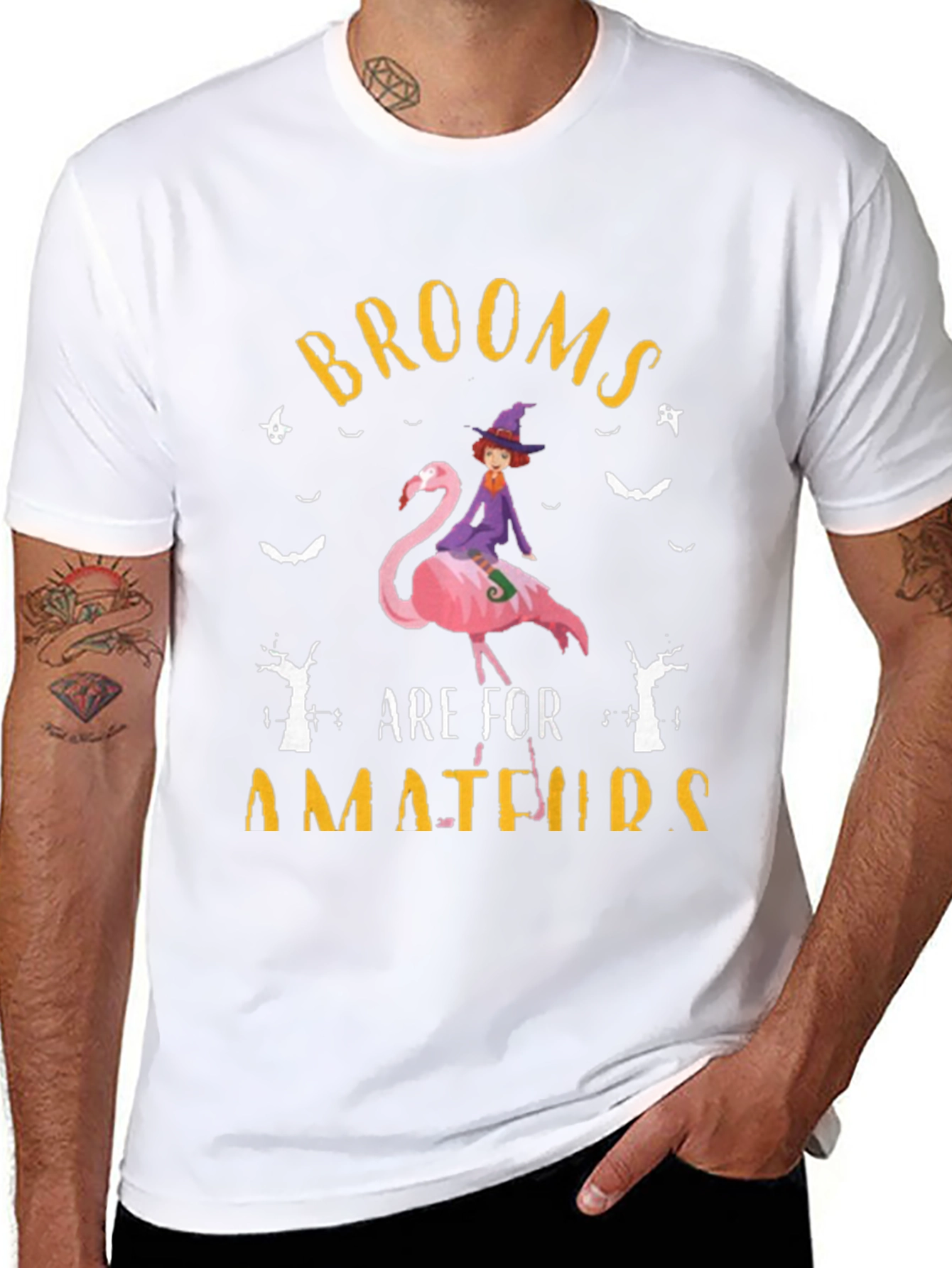 Brooms Are For Amateurs Flamingo Witch T-Shirt