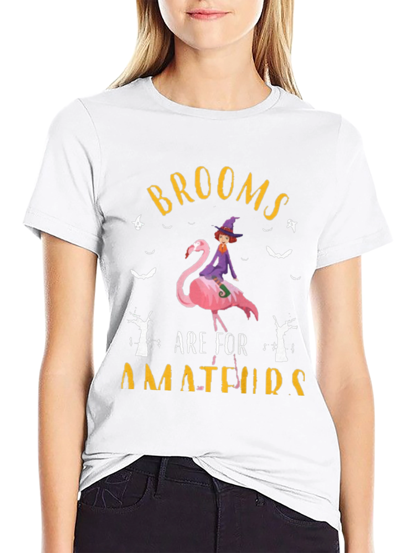 Brooms Are For Amateurs Flamingo Witch T-Shirt