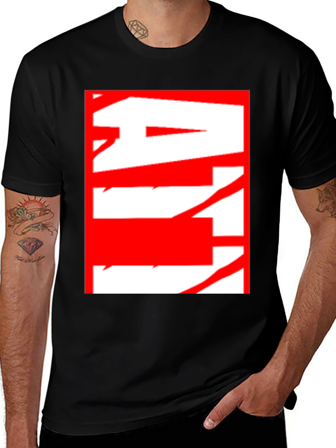 Abstract Red & White Graphic Black T-Shirt