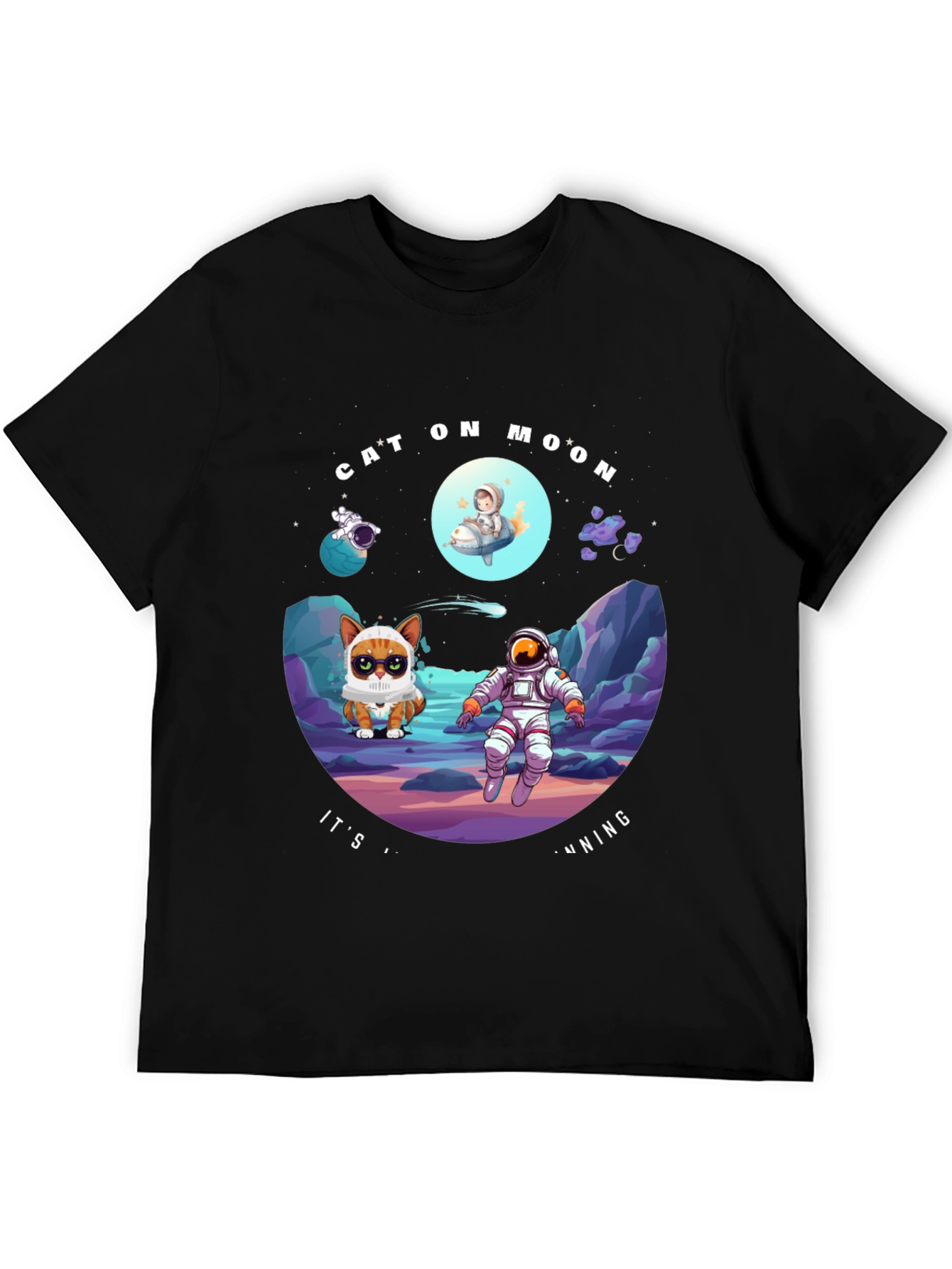 Cat On Moon T-Shirt Funny Space Tee