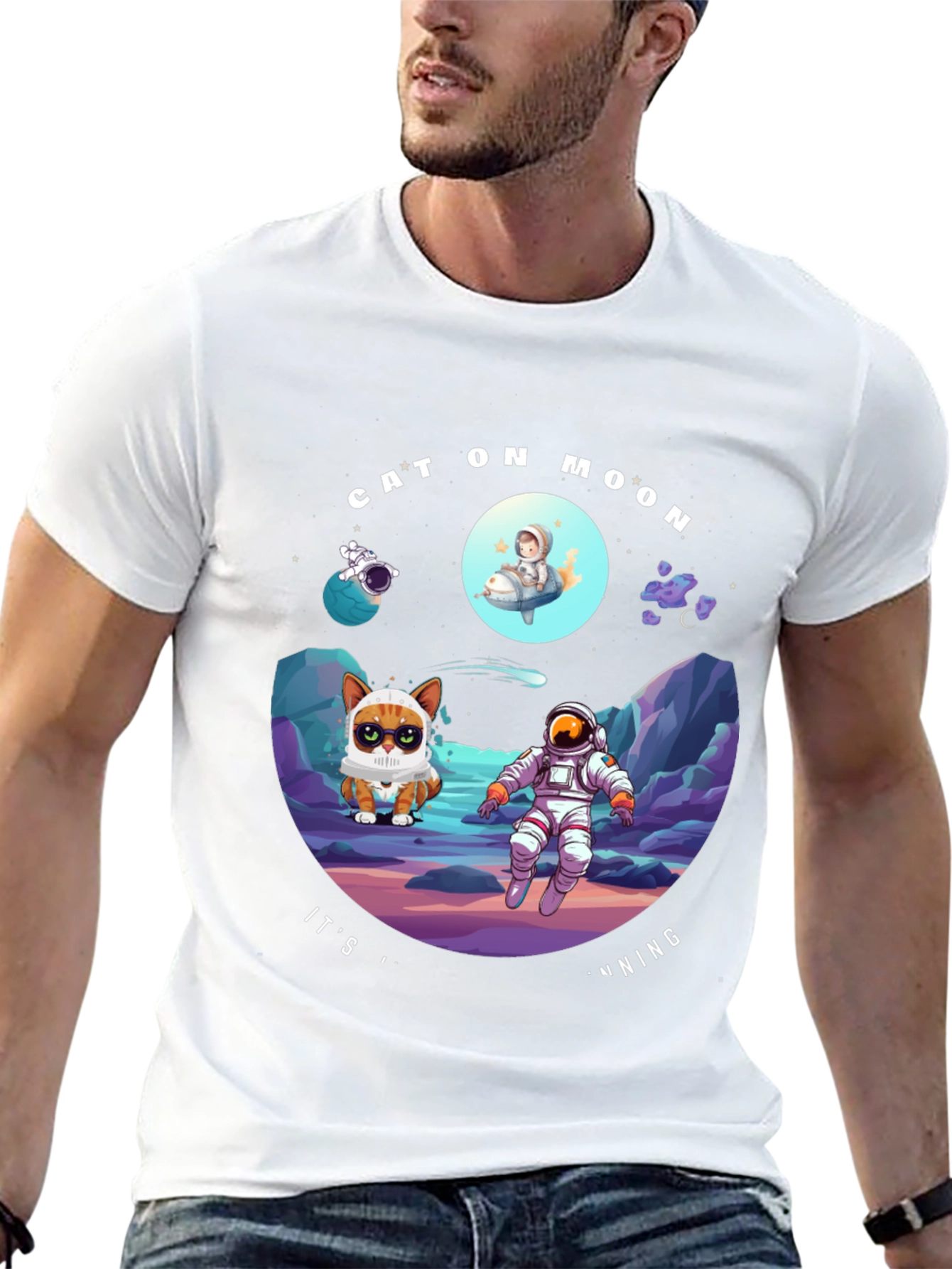 Cat On Moon T-Shirt Funny Space Tee