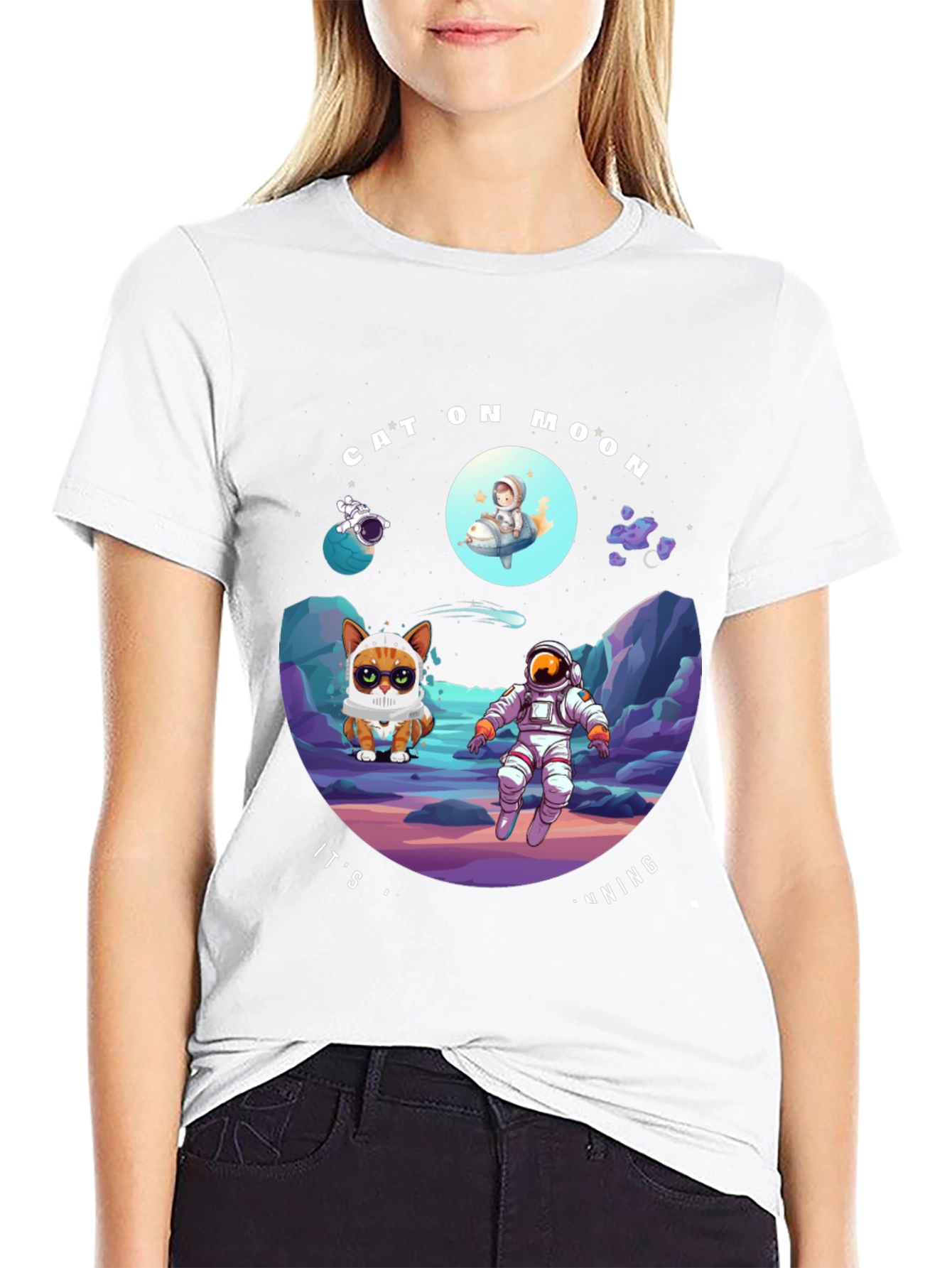 Cat On Moon T-Shirt Funny Space Tee