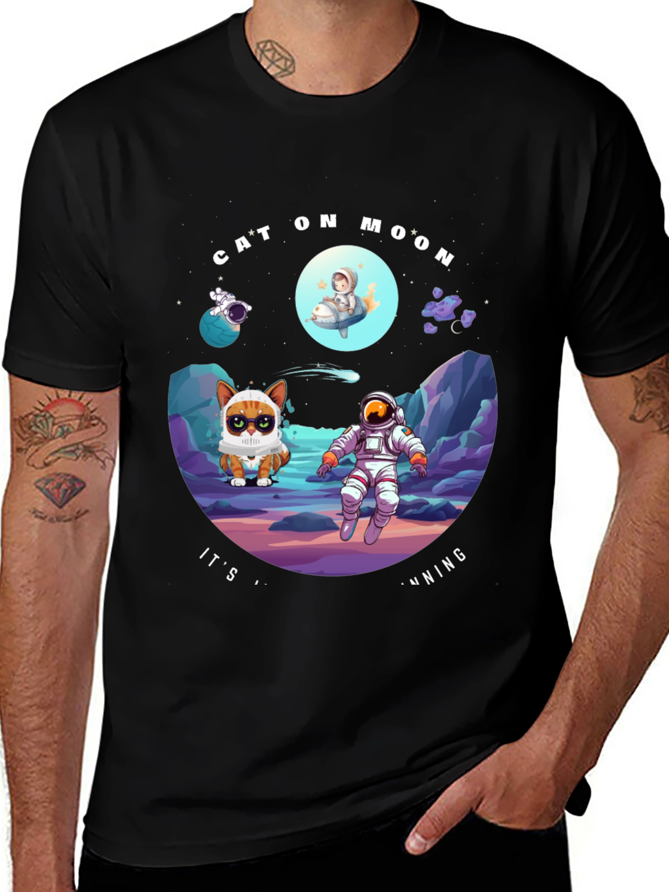 Cat On Moon T-Shirt Funny Space Tee