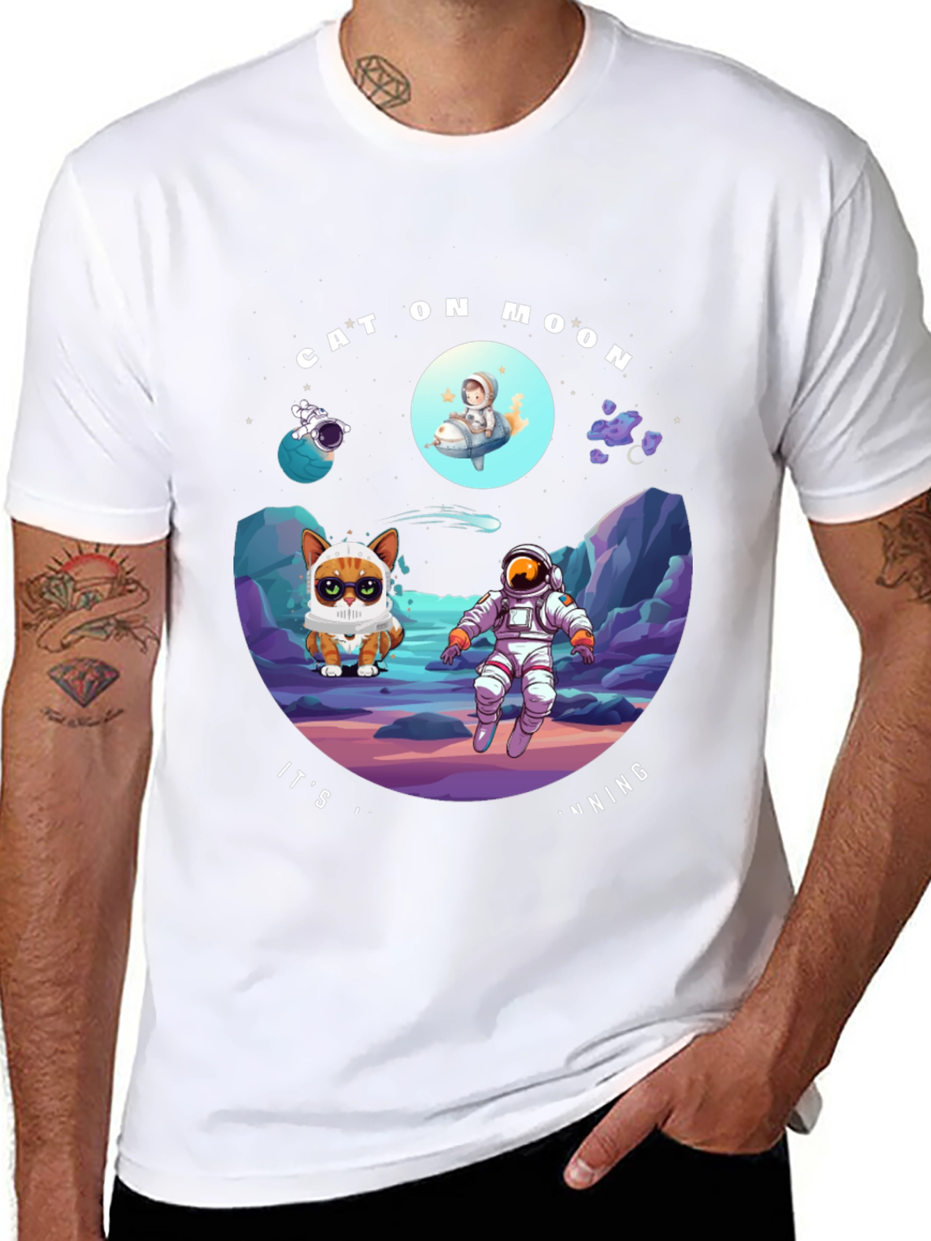 Cat On Moon T-Shirt Funny Space Tee