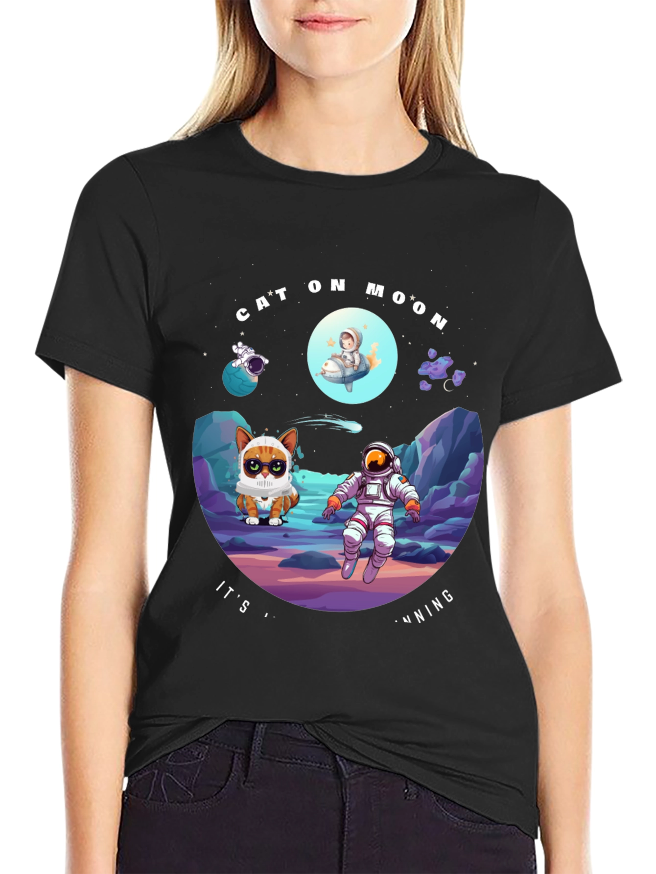 Cat On Moon T-Shirt Funny Space Tee