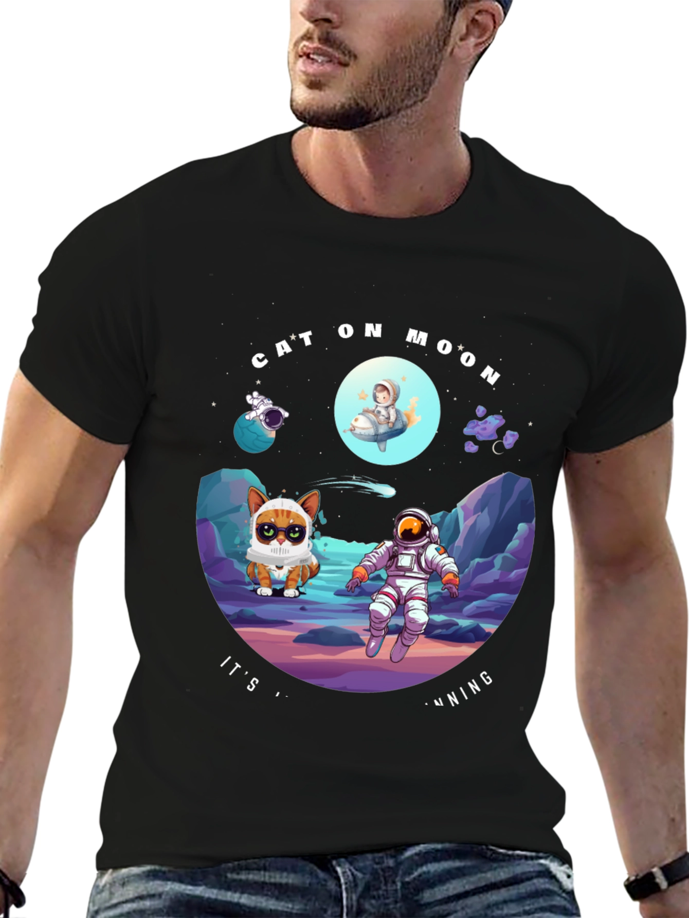 Cat On Moon T-Shirt Funny Space Tee