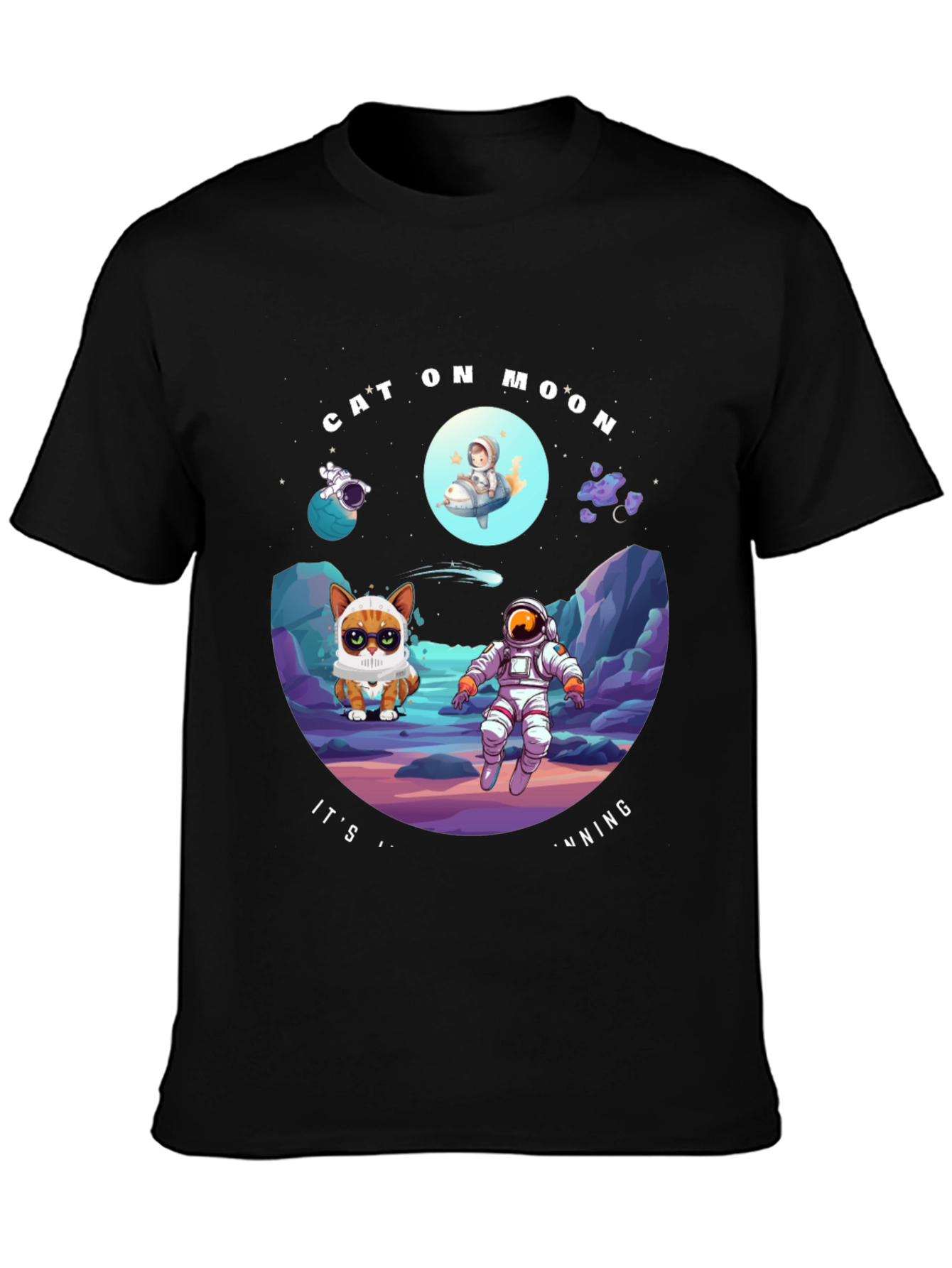 Cat On Moon T-Shirt Funny Space Tee
