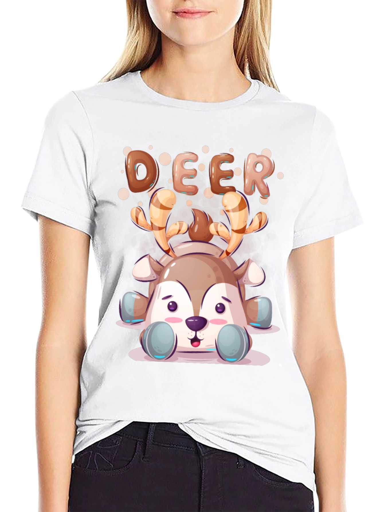 Cute Cartoon Deer Black T-Shirt