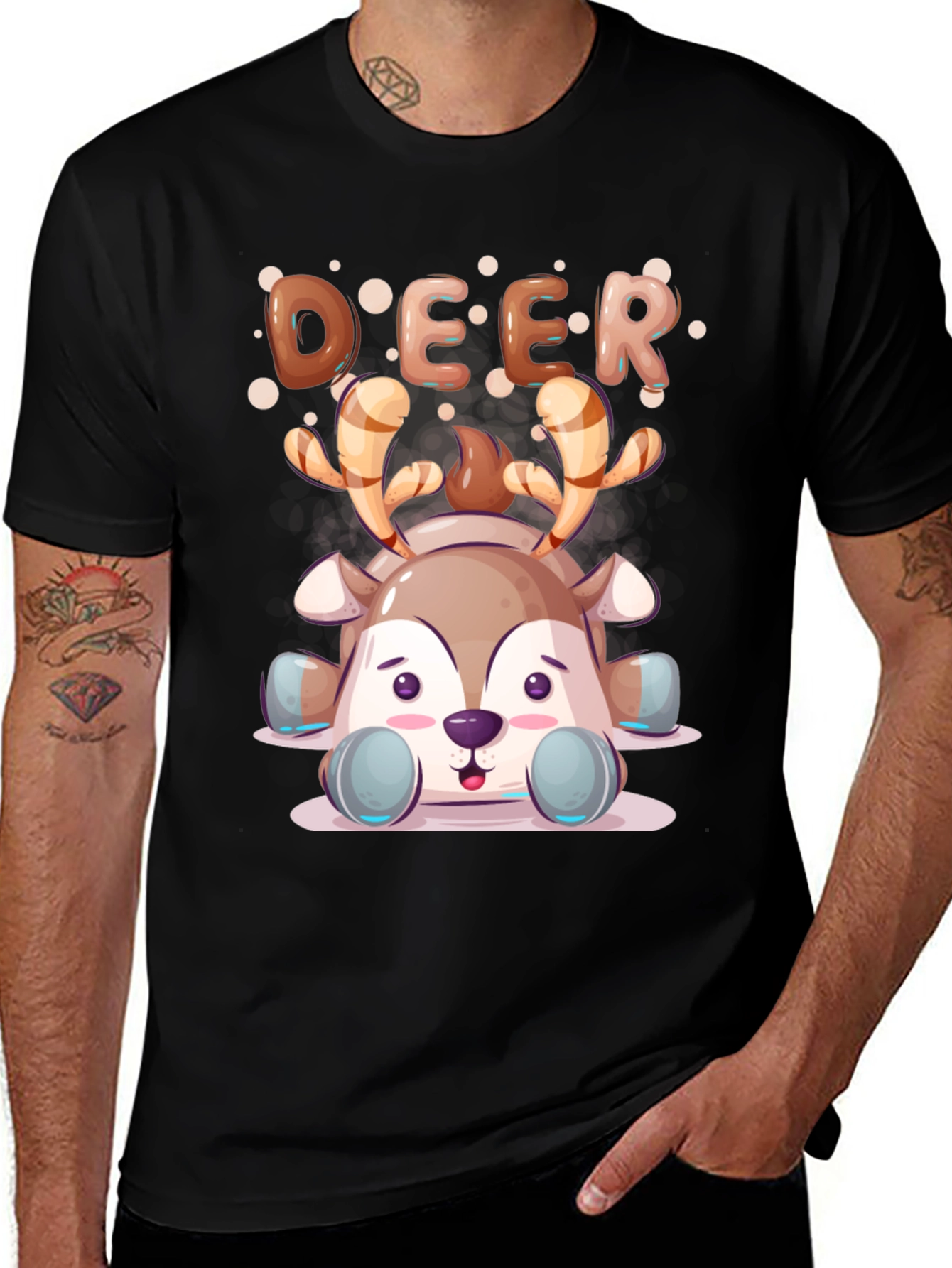 Cute Cartoon Deer Black T-Shirt