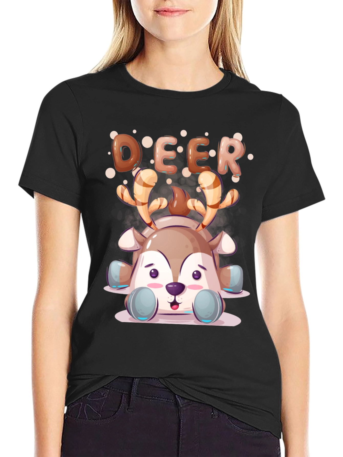 Cute Cartoon Deer Black T-Shirt