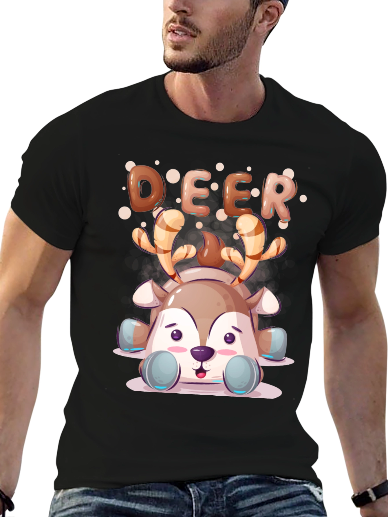 Cute Cartoon Deer Black T-Shirt