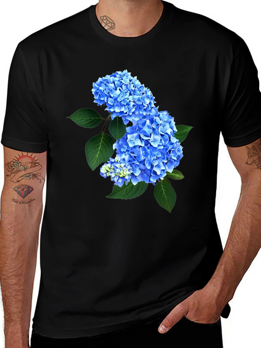 Blue Hydrangea Floral Print Black T-Shirt
