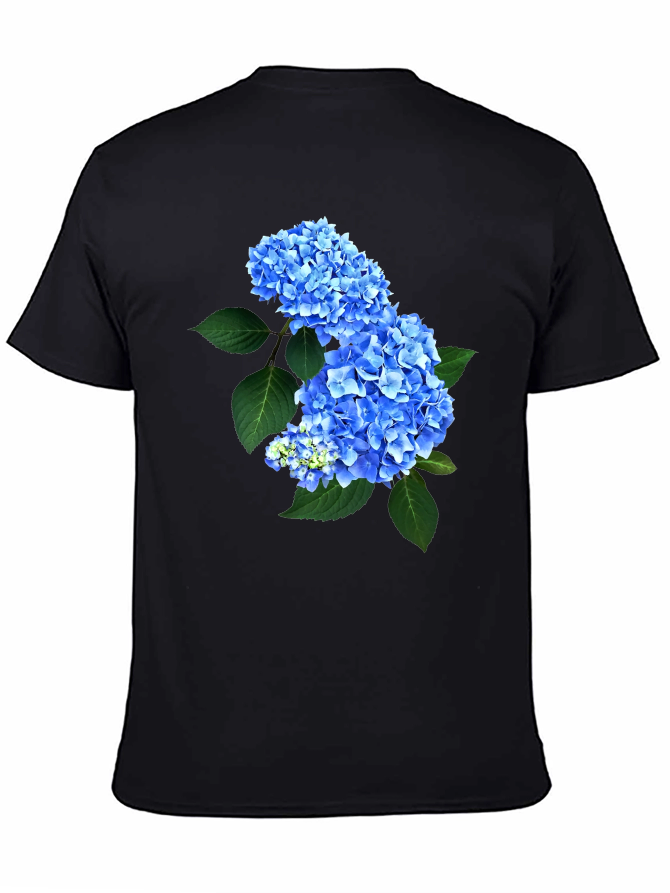 Blue Hydrangea Floral Print Black T-Shirt
