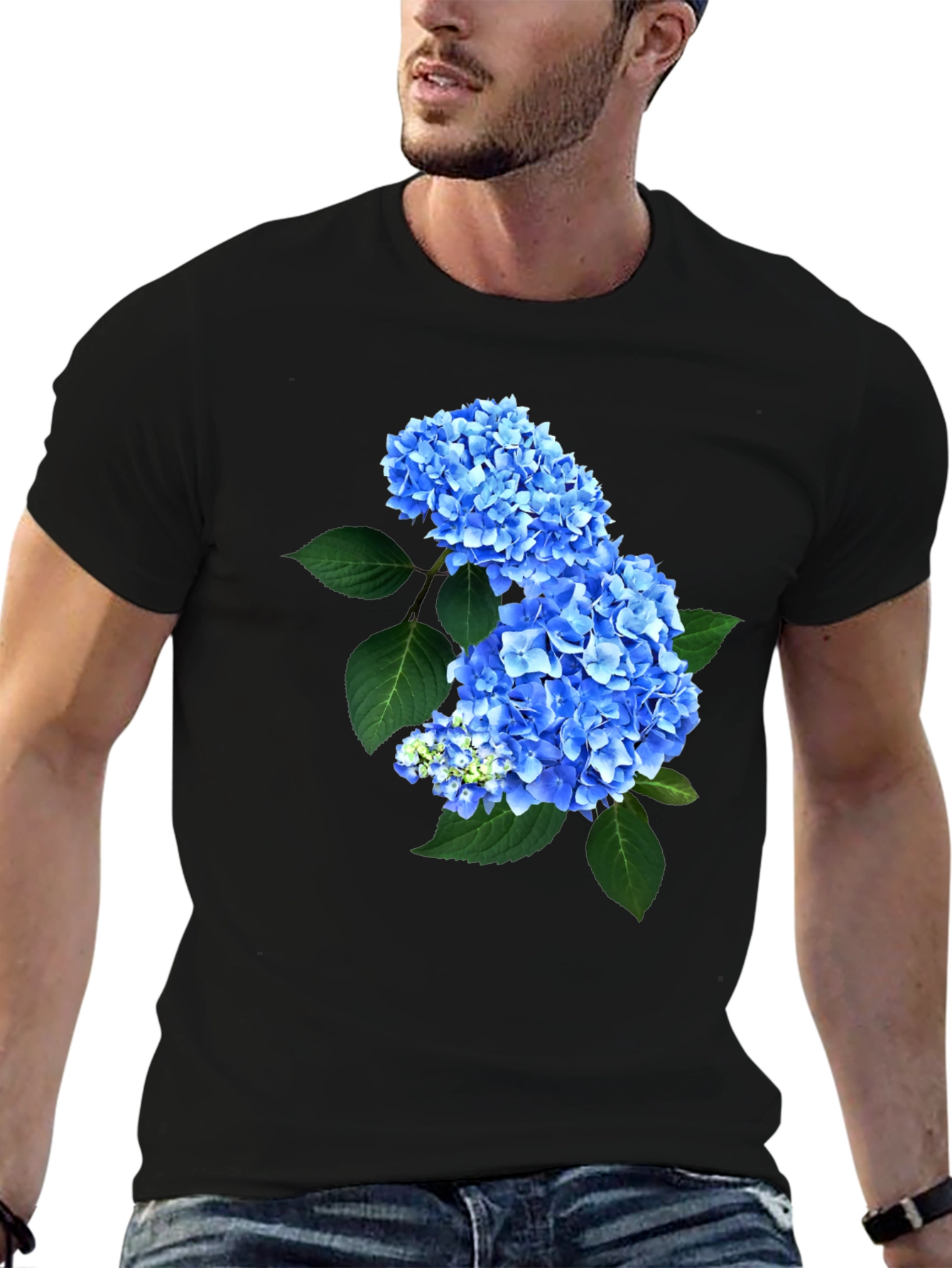 Blue Hydrangea Floral Print Black T-Shirt