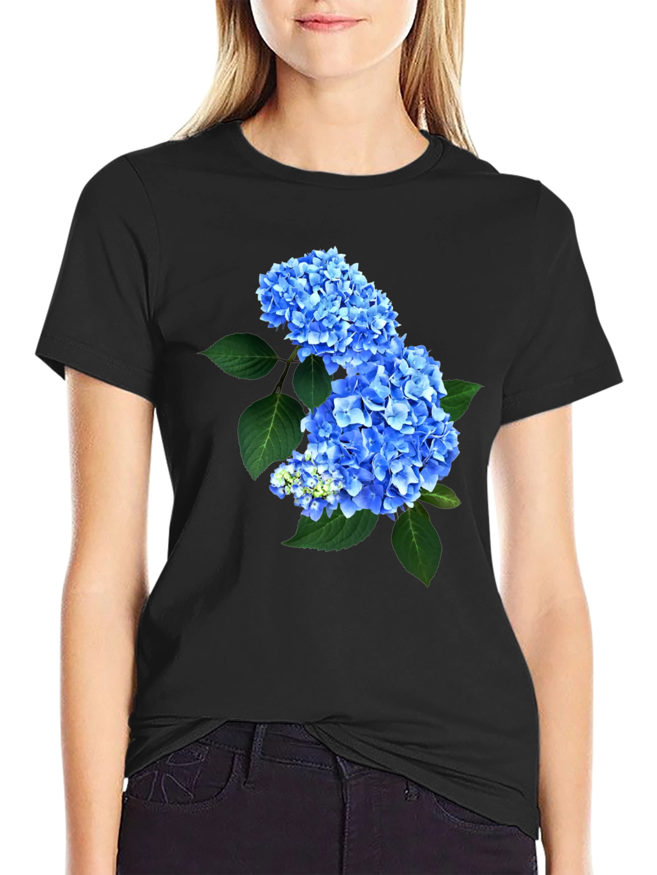 Blue Hydrangea Floral Print Black T-Shirt