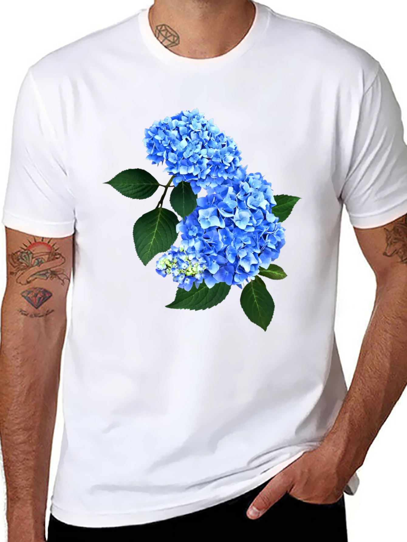 Blue Hydrangea Floral Print Black T-Shirt