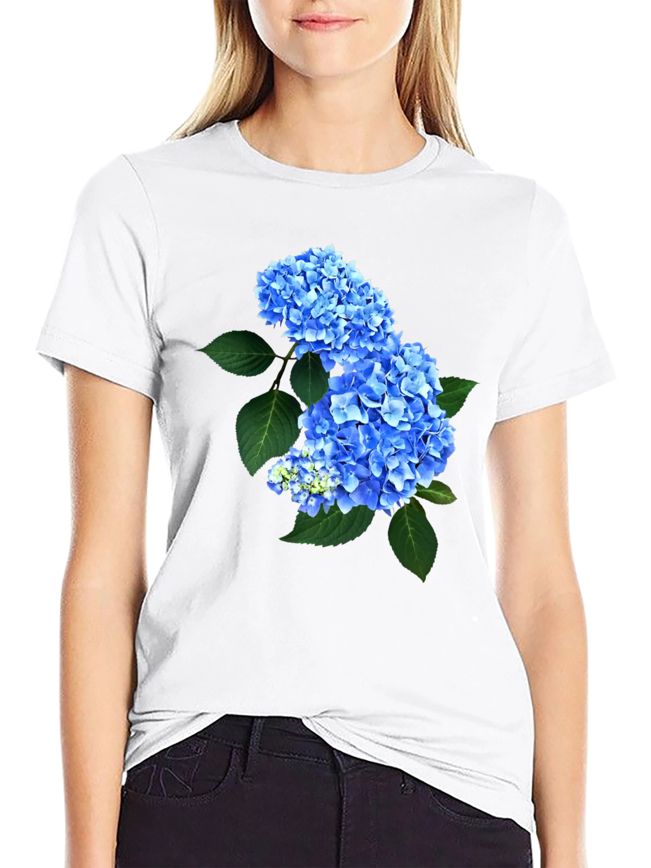 Blue Hydrangea Floral Print Black T-Shirt