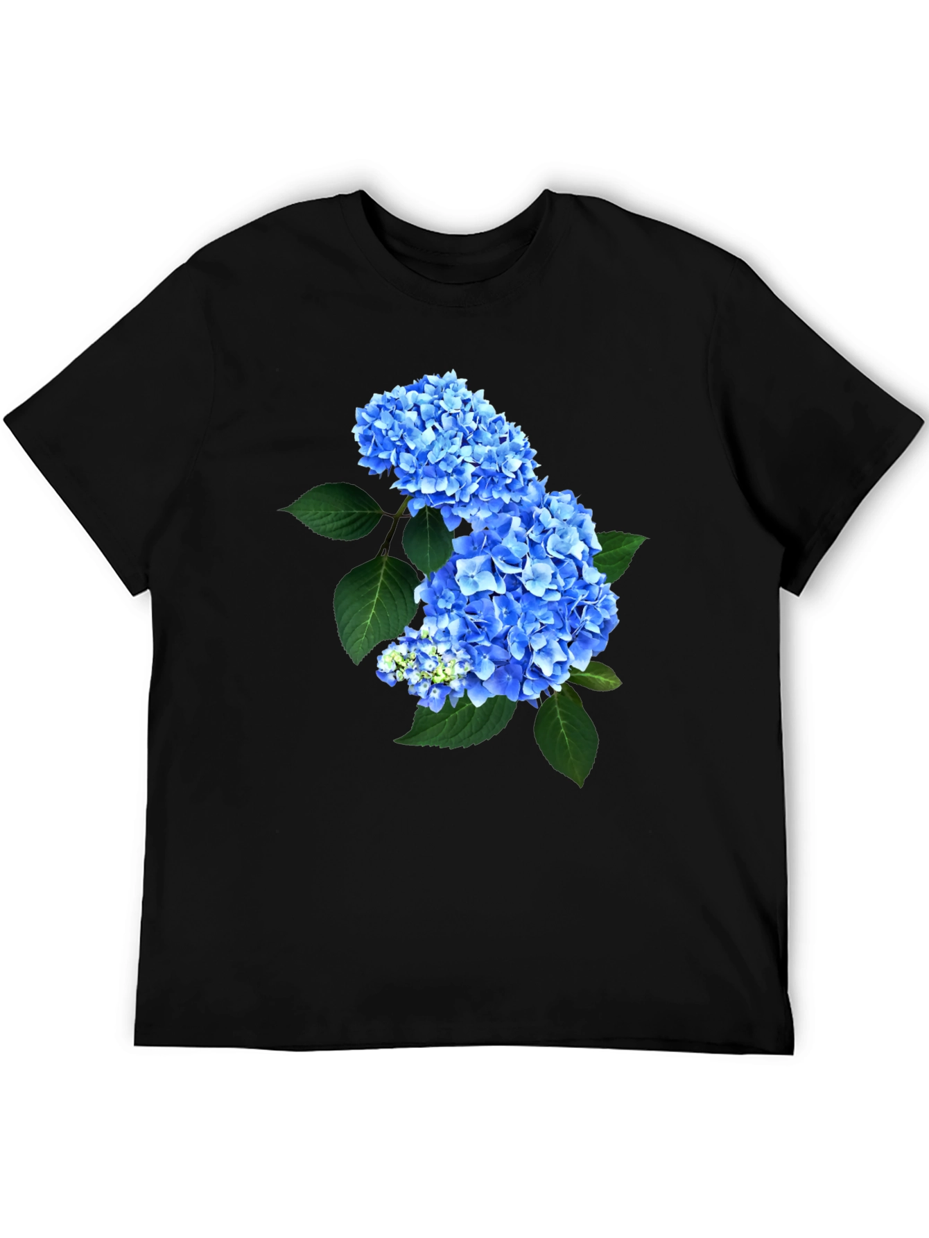 Blue Hydrangea Floral Print Black T-Shirt