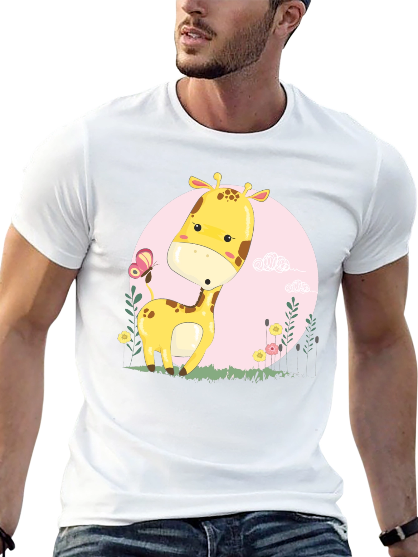Cute Giraffe Cartoon Graphic Tee - Black