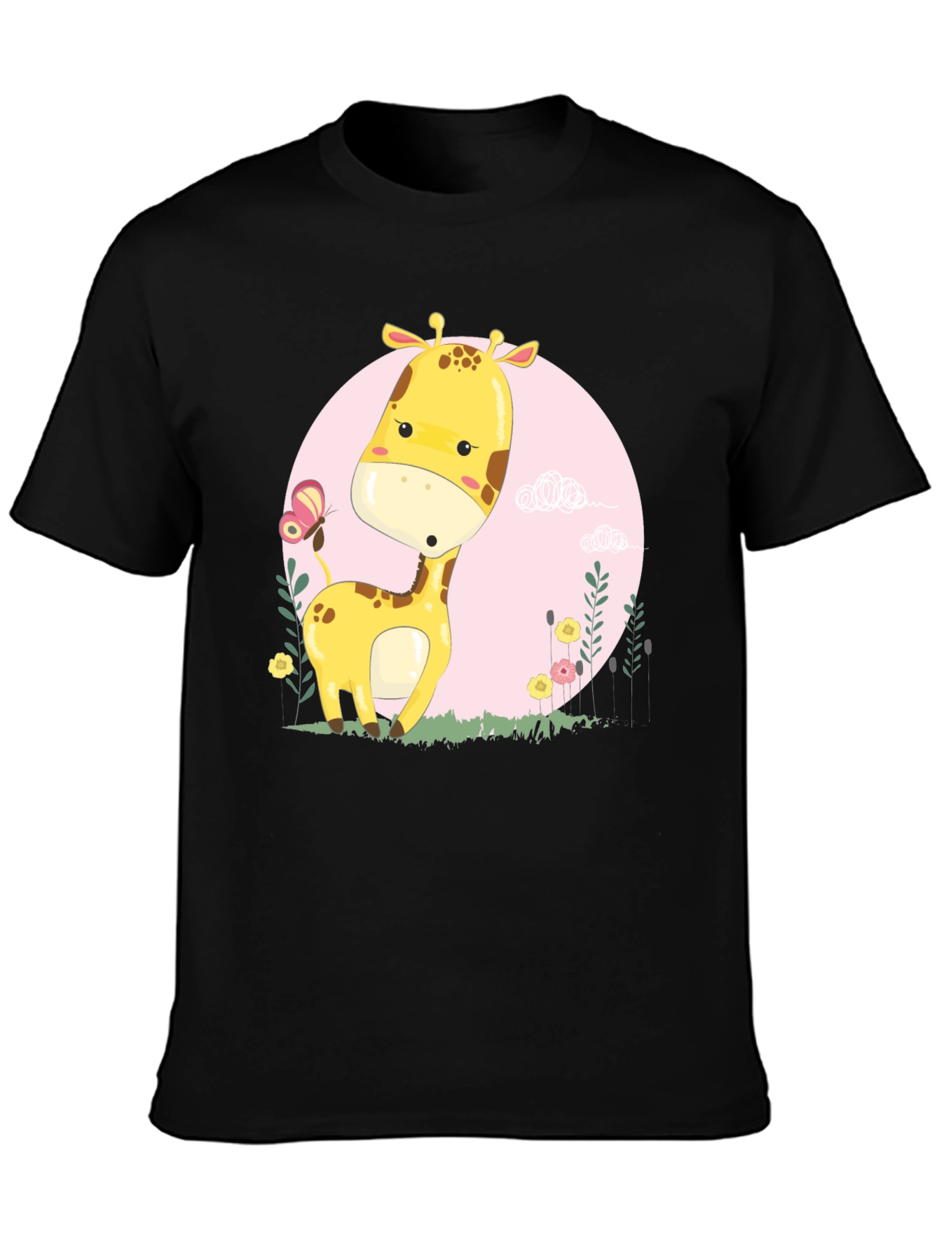 Cute Giraffe Cartoon Graphic Tee - Black
