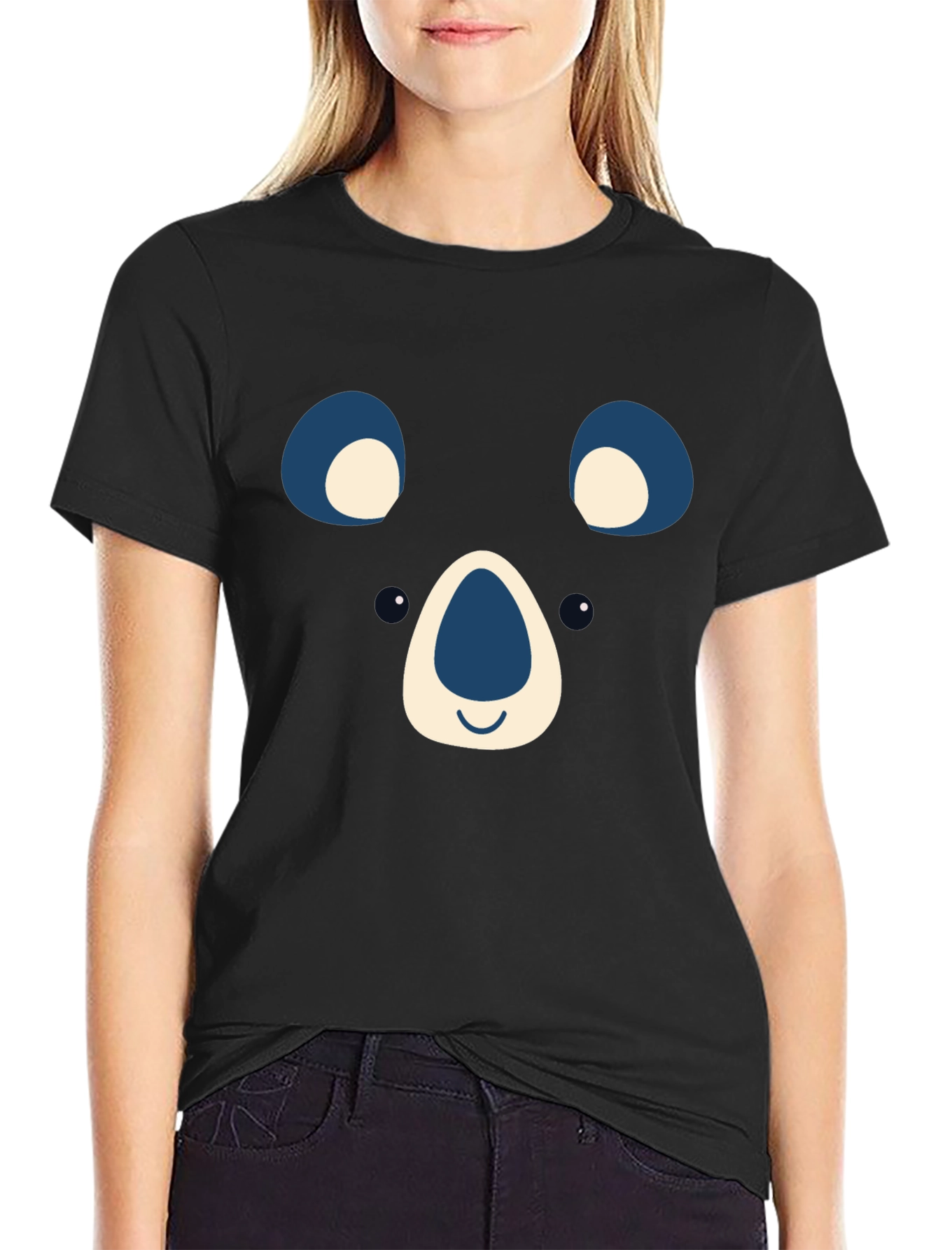 Cute Bear Face Graphic Tee - Black
