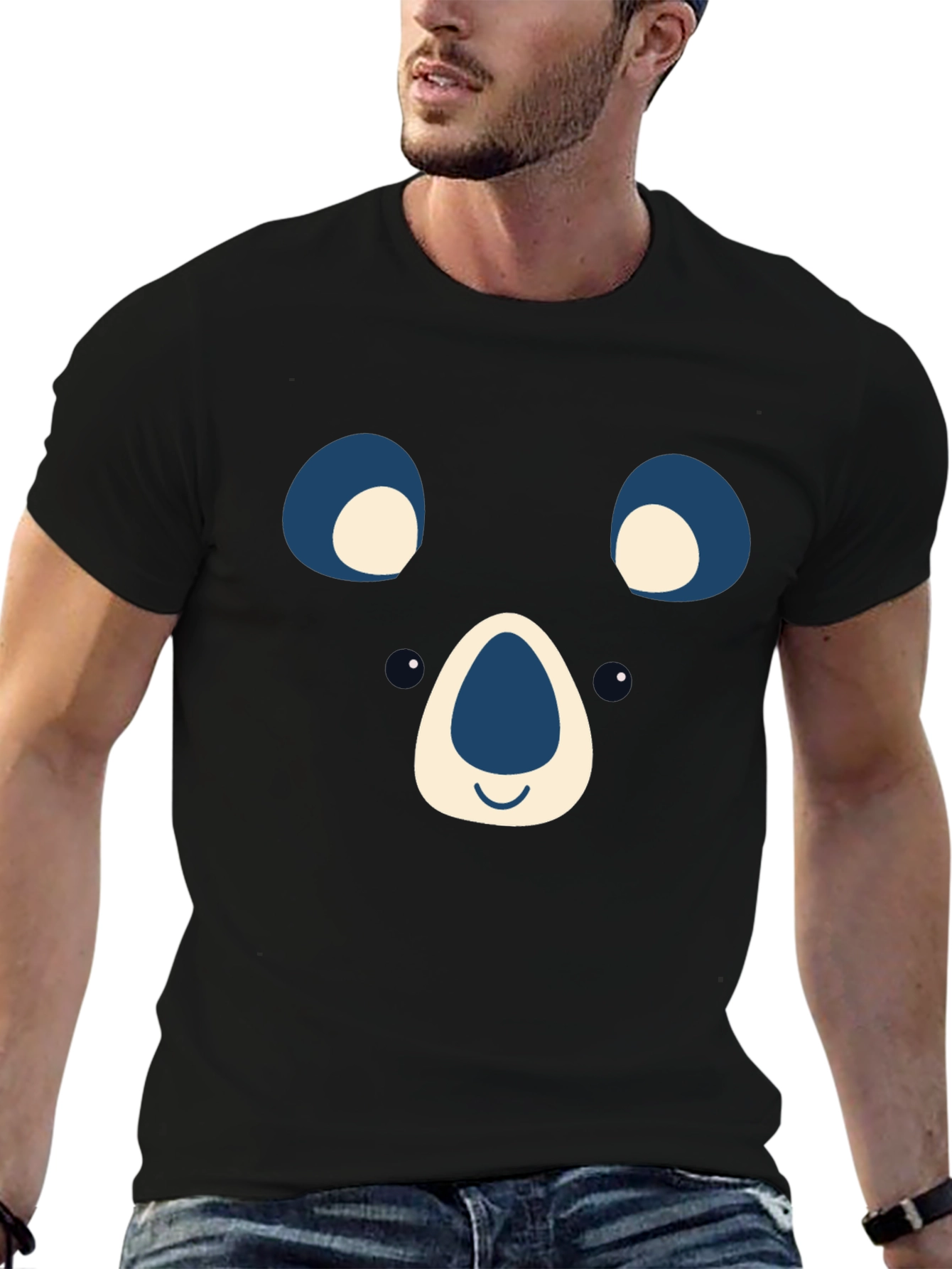Cute Bear Face Graphic Tee - Black