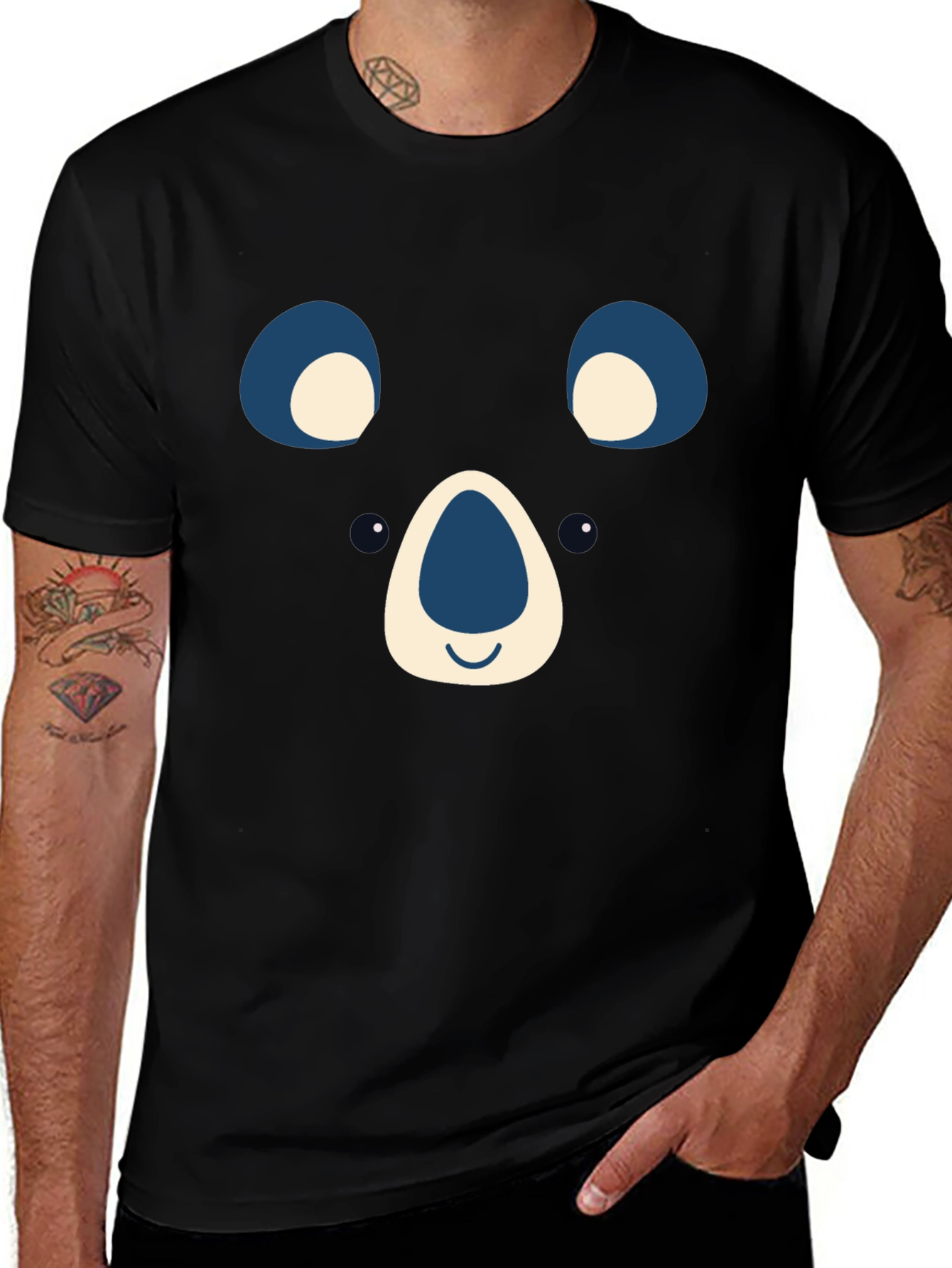 Cute Bear Face Graphic Tee - Black
