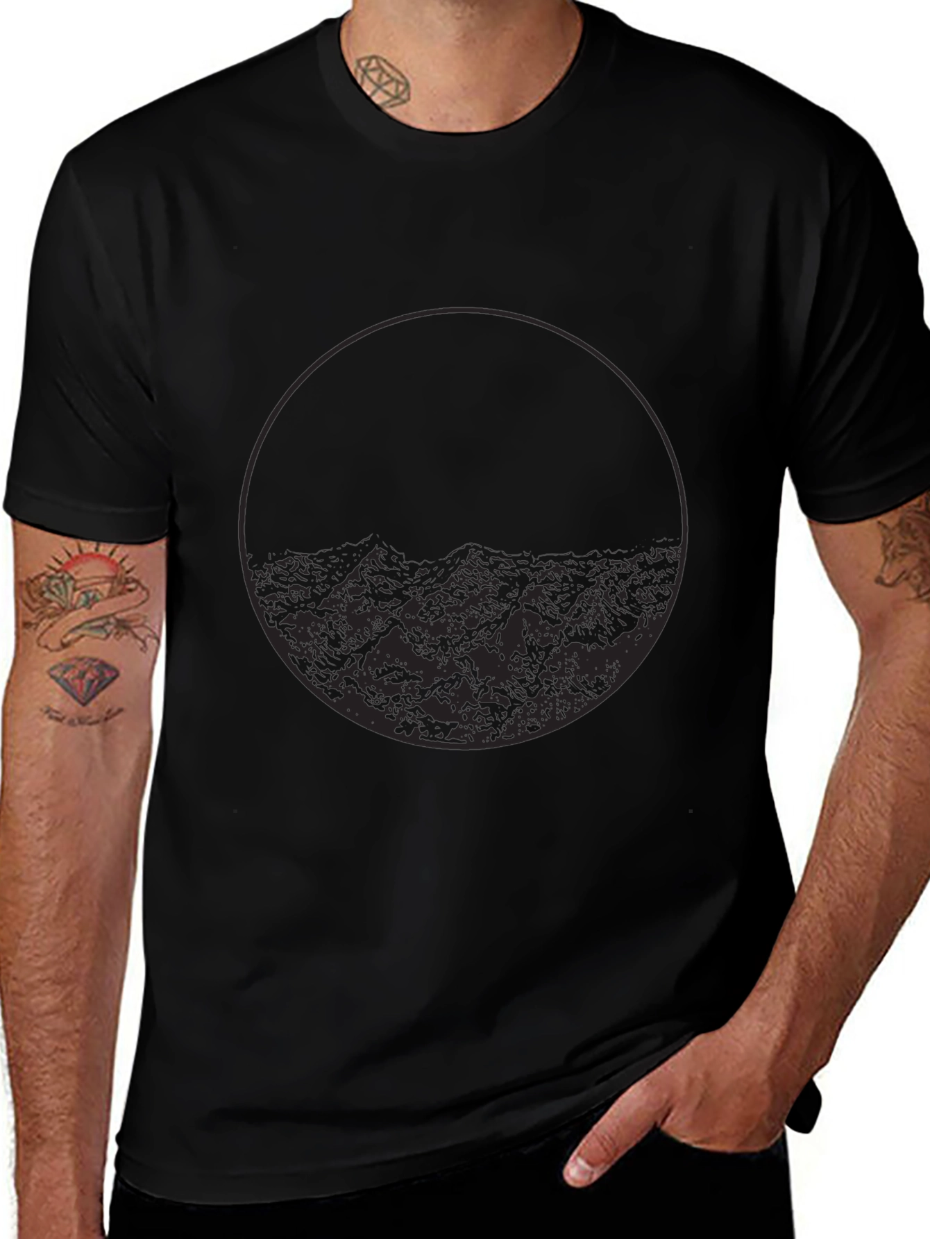 Minimalist Mountain Circle Graphic Black T-Shirt