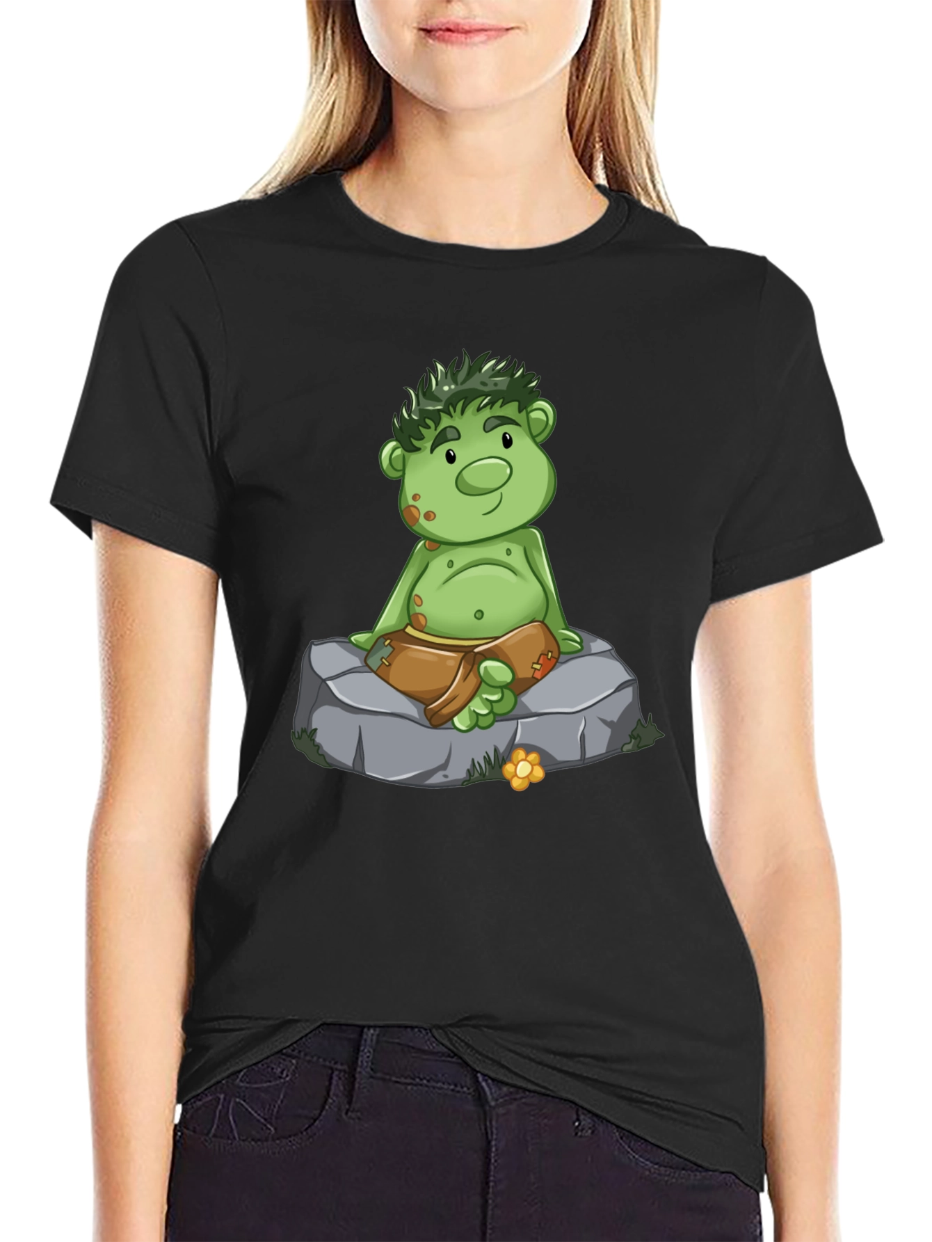 Cartoon Troll Graphic Tee - Black Cotton T-Shirt