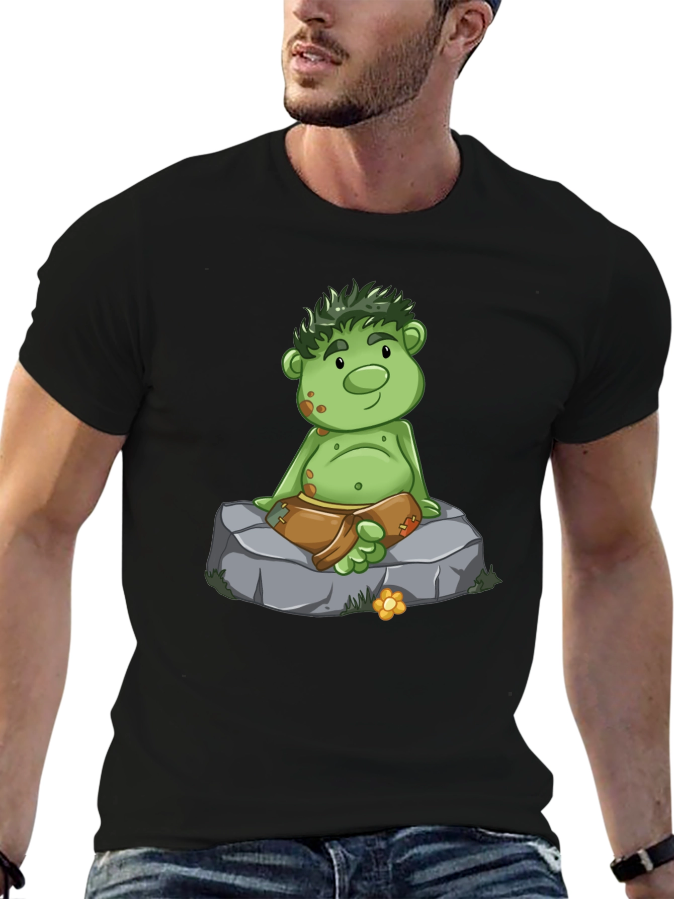 Cartoon Troll Graphic Tee - Black Cotton T-Shirt