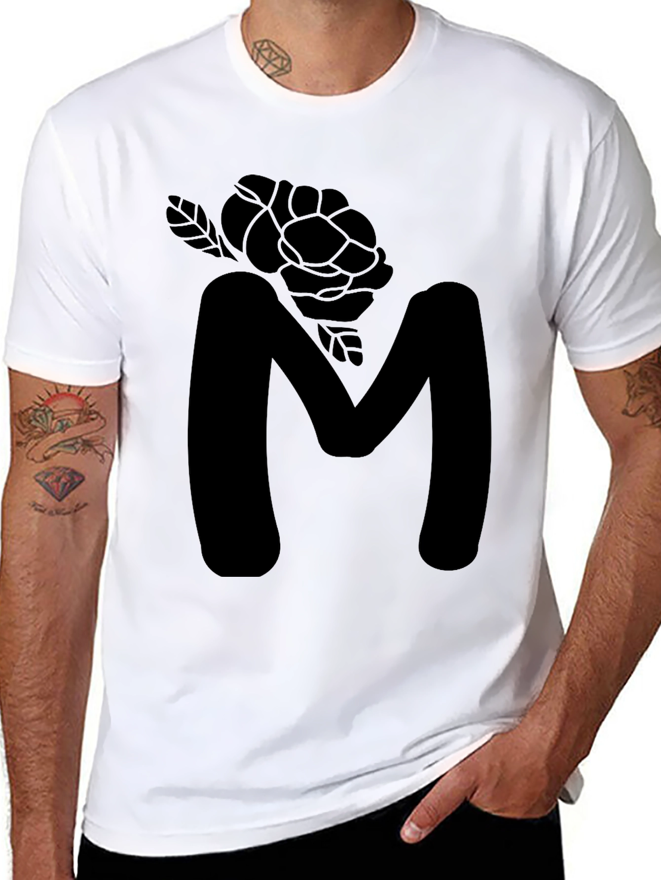 Mens Black Letter M Rose Graphic Tee