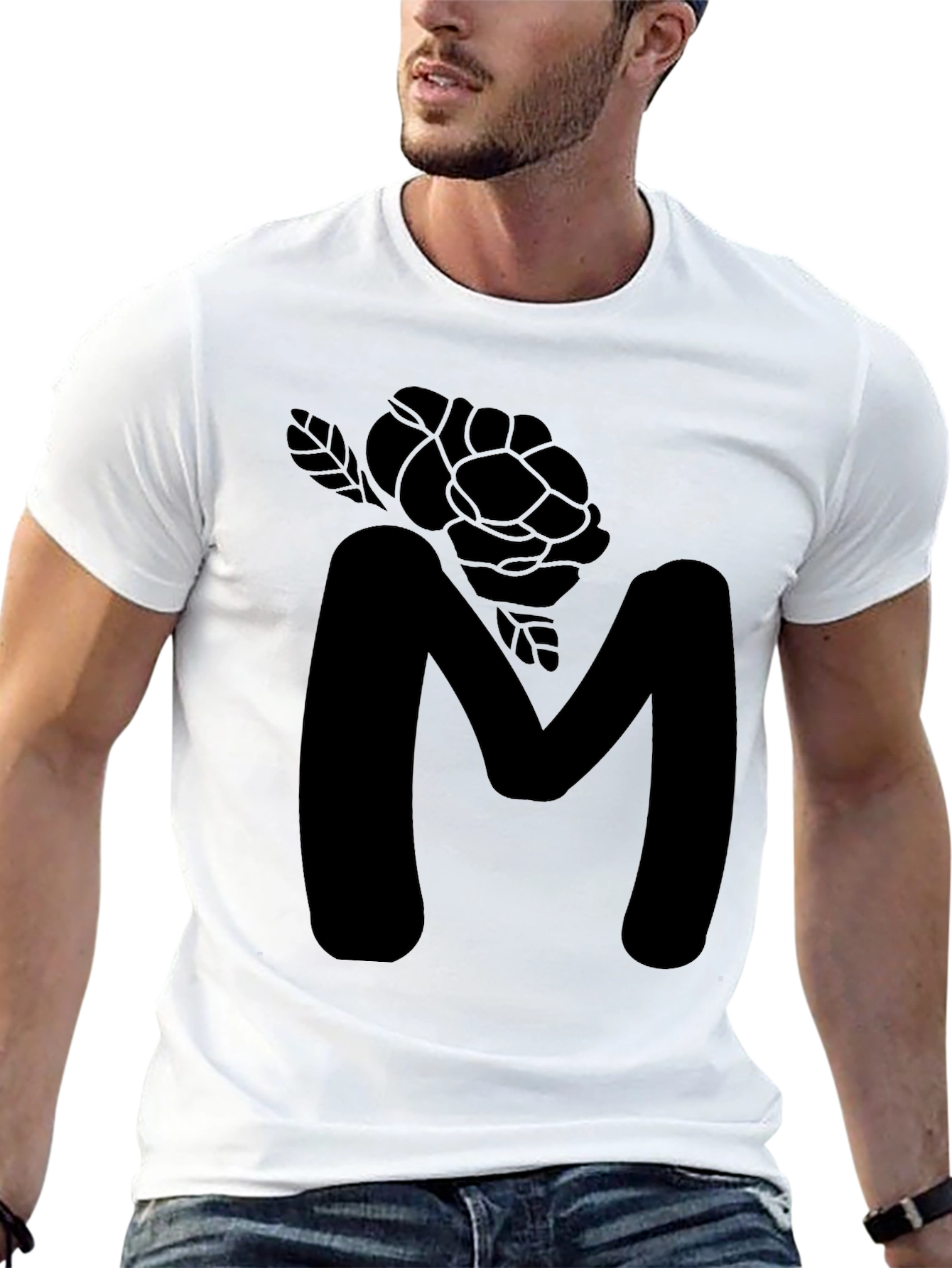 Mens Black Letter M Rose Graphic Tee