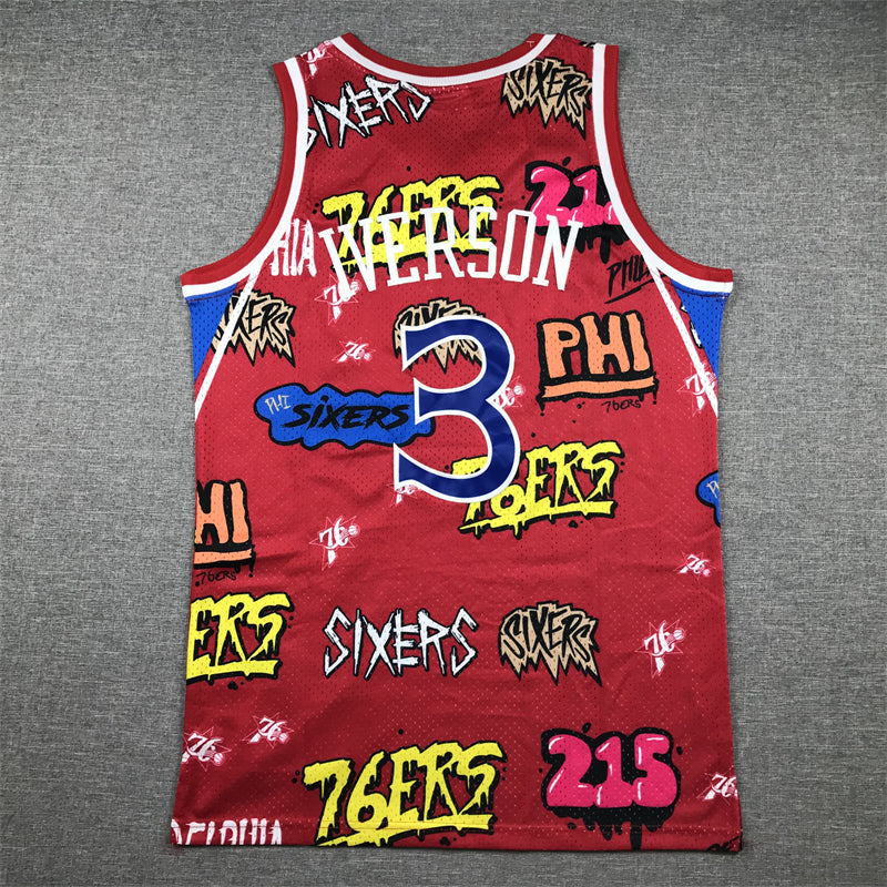 Men's Philadelphia 76ers Allen Iverson #3 Red Swingman Graffiti Edition Jerseys