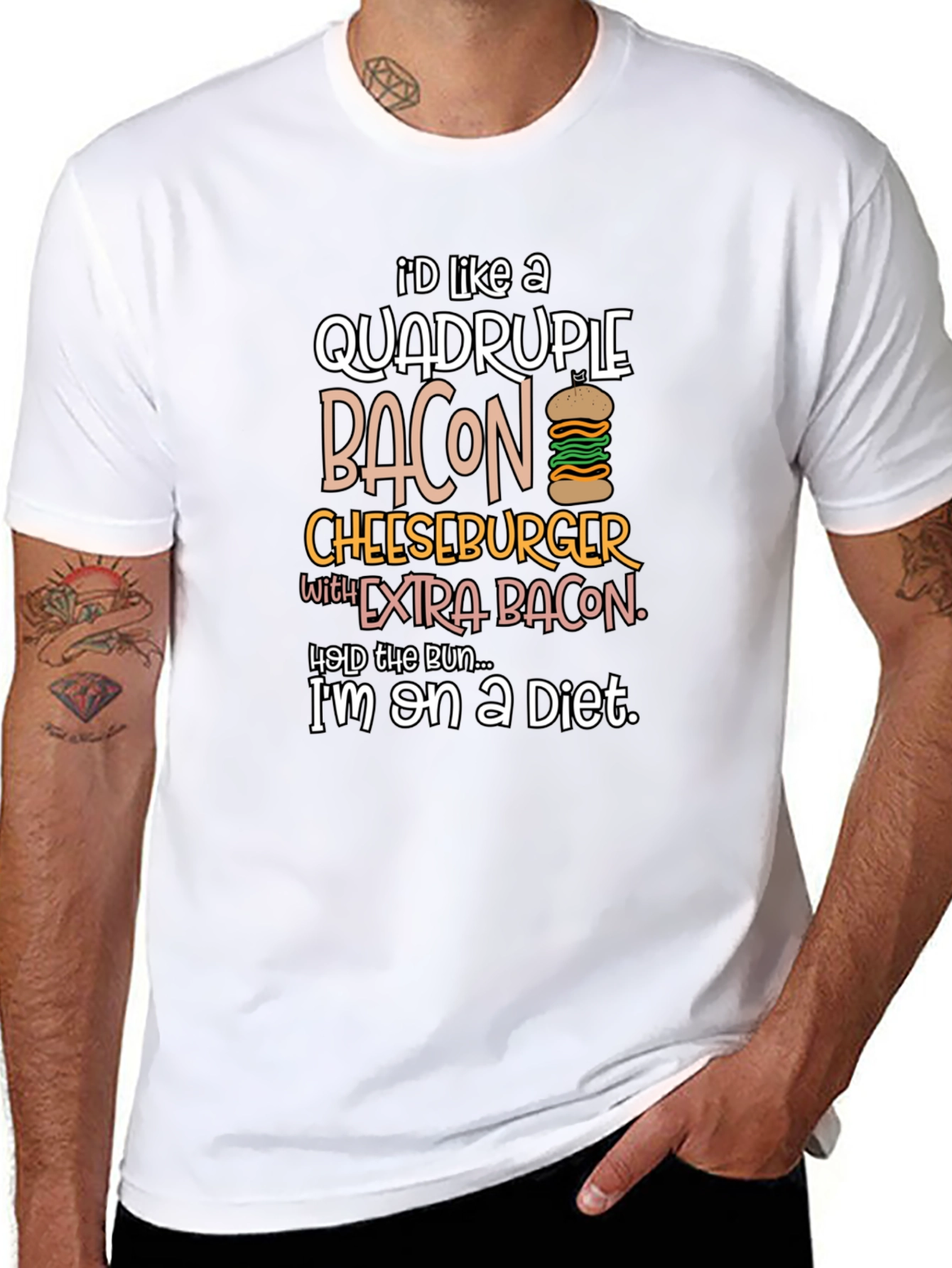Diet Humor T-Shirt: Quadruple Bacon Cheeseburger