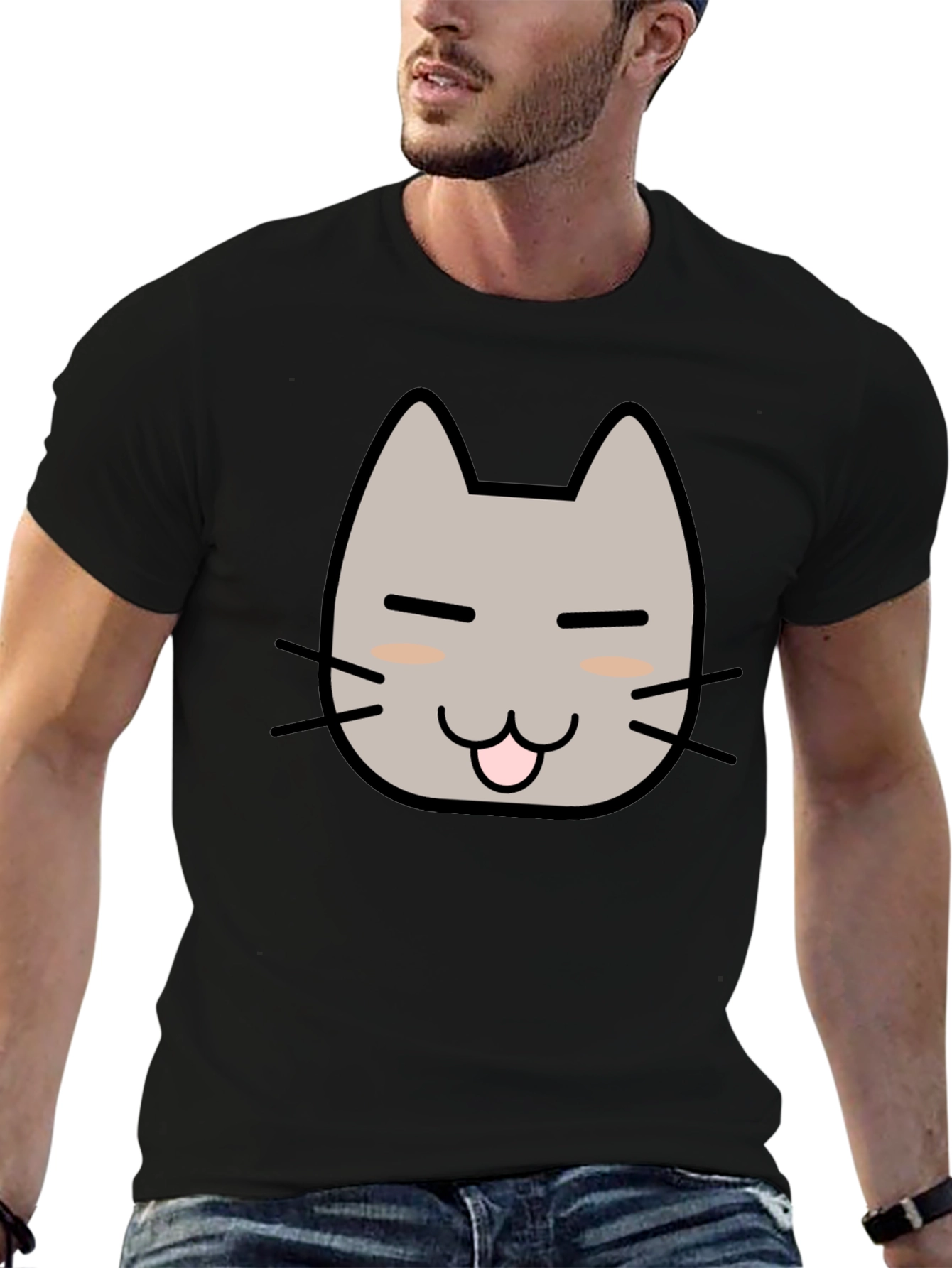 Cute Cartoon Cat Graphic Tee - Black
